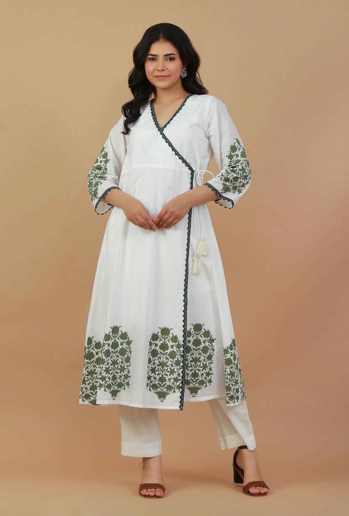 Set of 2: White & Green Block Printed Wrap Kurta with White Cotton Pants クルタ L・パンツ XXL