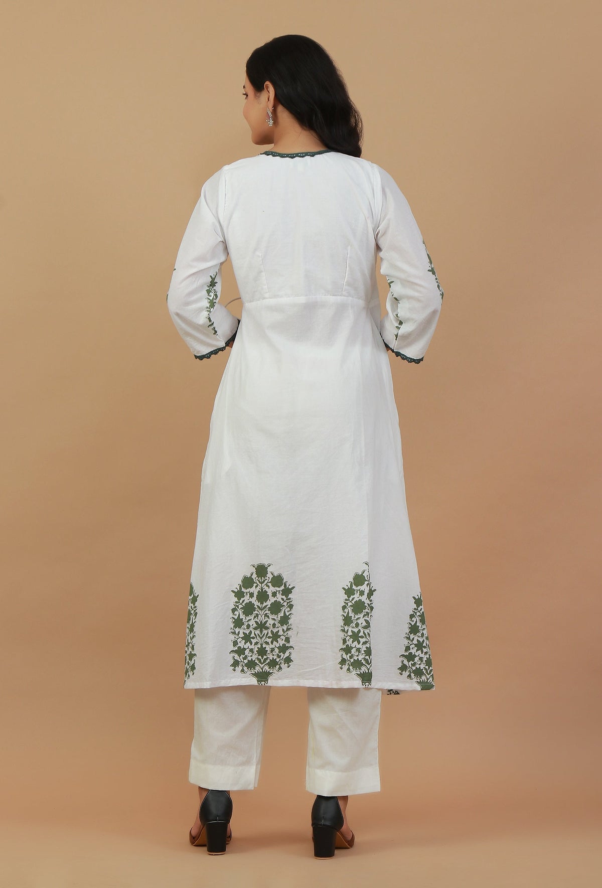 Set of 2: White & Green Block Printed Wrap Kurta with White Cotton Pants クルタ L・パンツ S