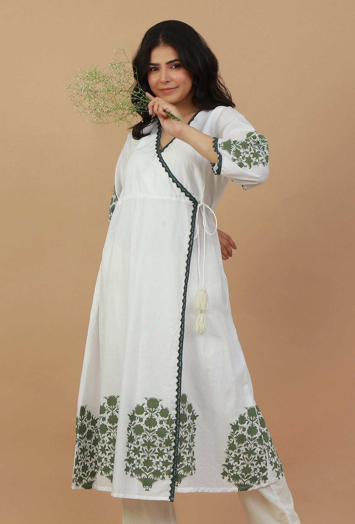 White & Green Block Printed Wrap Kurta サイズ XS