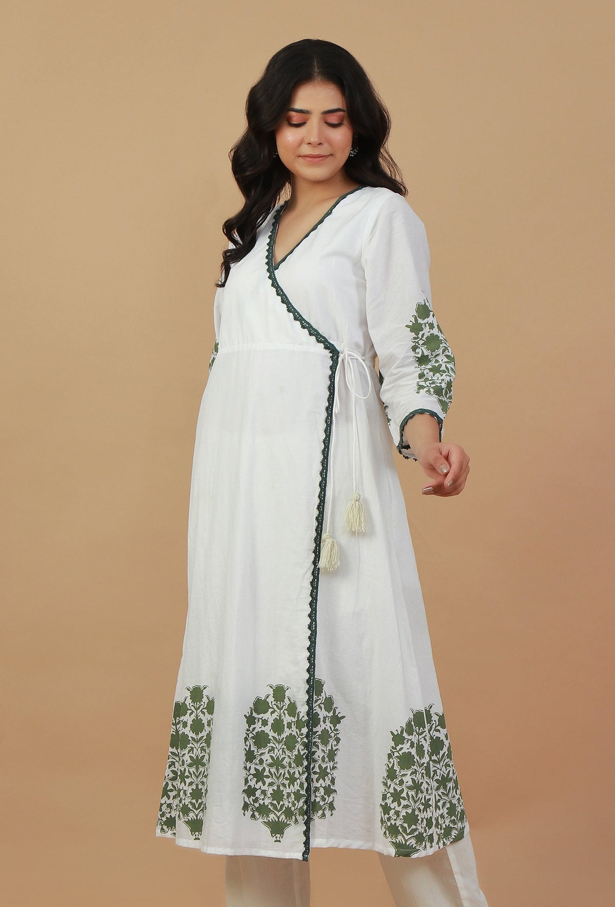 White & Green Block Printed Wrap Kurta サイズ XS