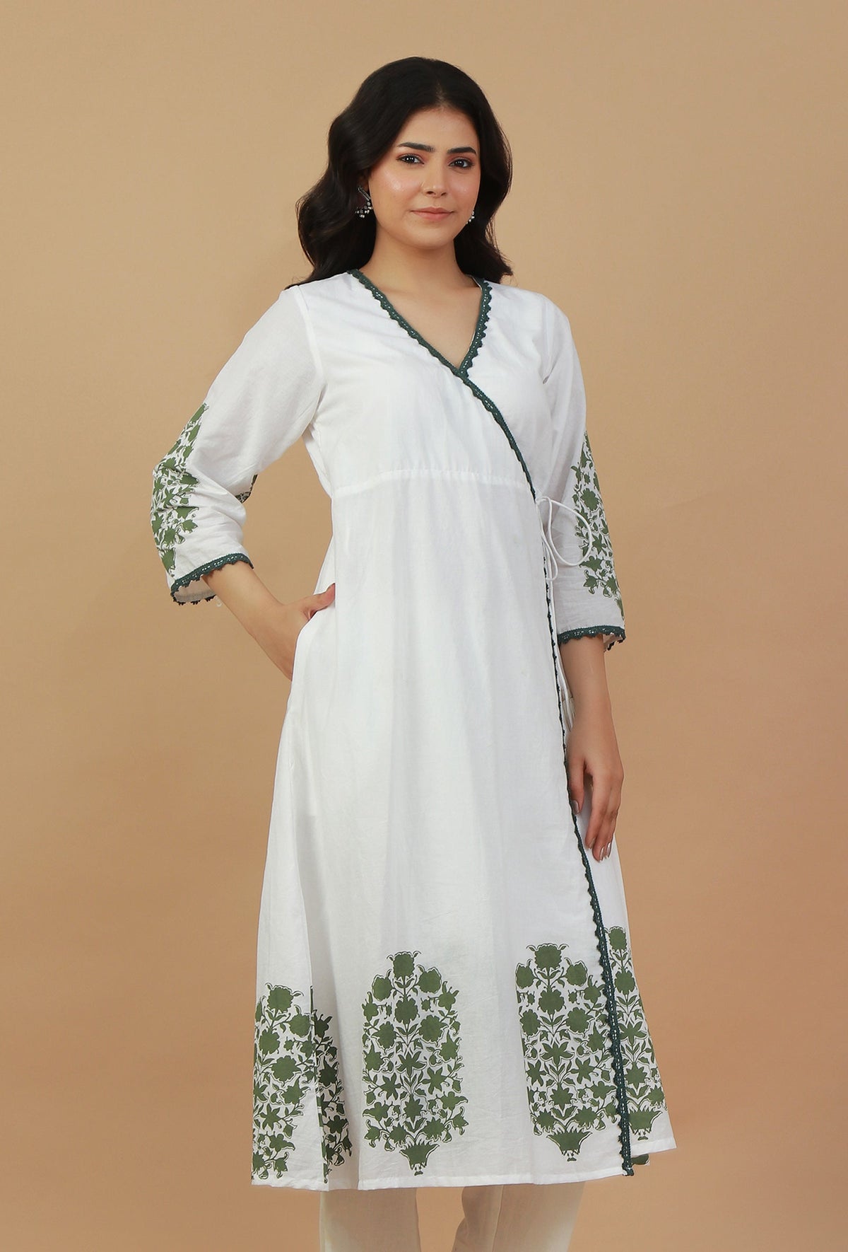 White & Green Block Printed Wrap Kurta サイズ M