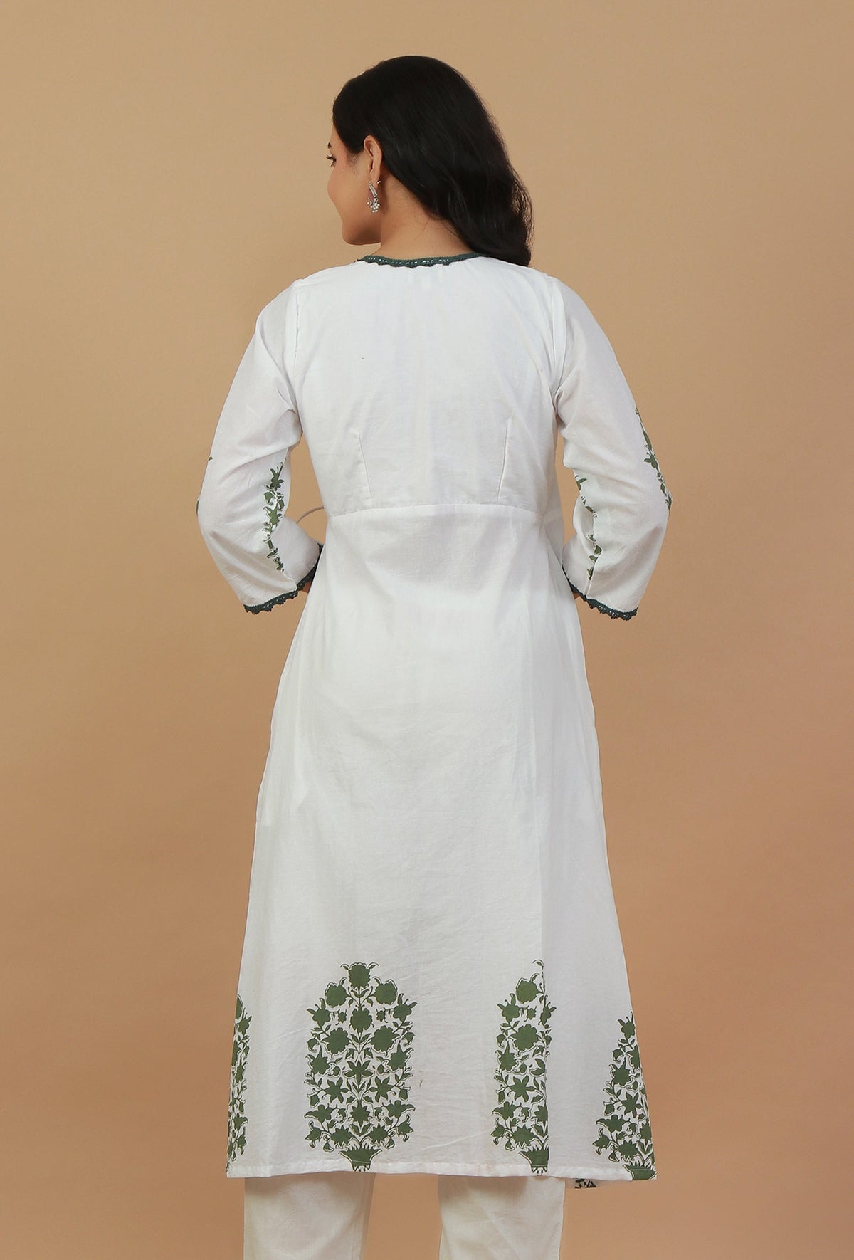 White & Green Block Printed Wrap Kurta サイズ XL