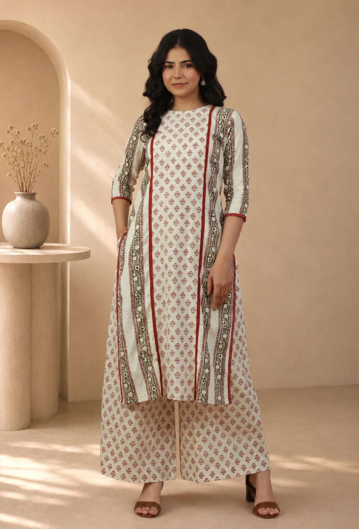 Set of 2: Off-White Printed Kurta with Matching Palazzo Pants クルタ S・パラッツォ XXXL
