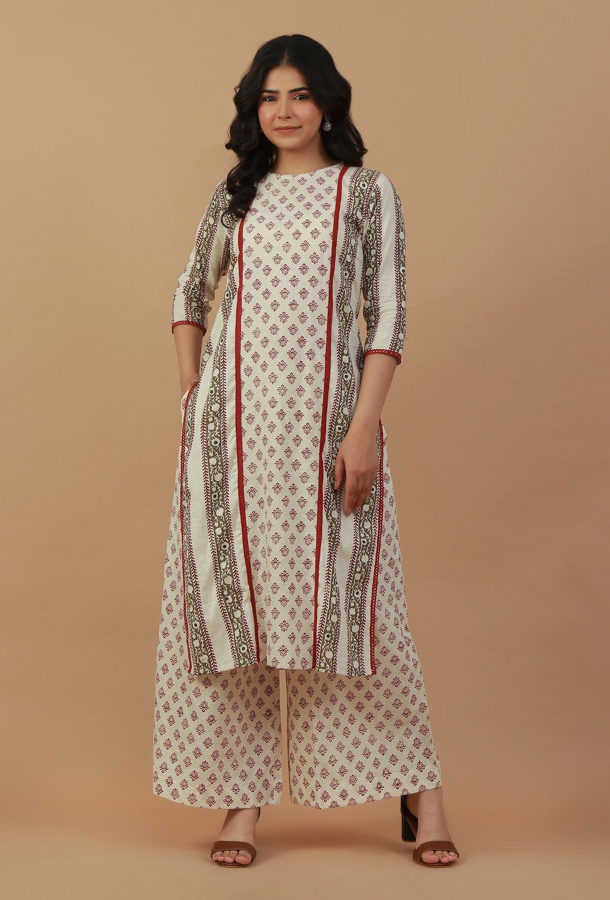 Set of 2: Off-White Printed Kurta with Matching Palazzo Pants クルタ S・パラッツォ M