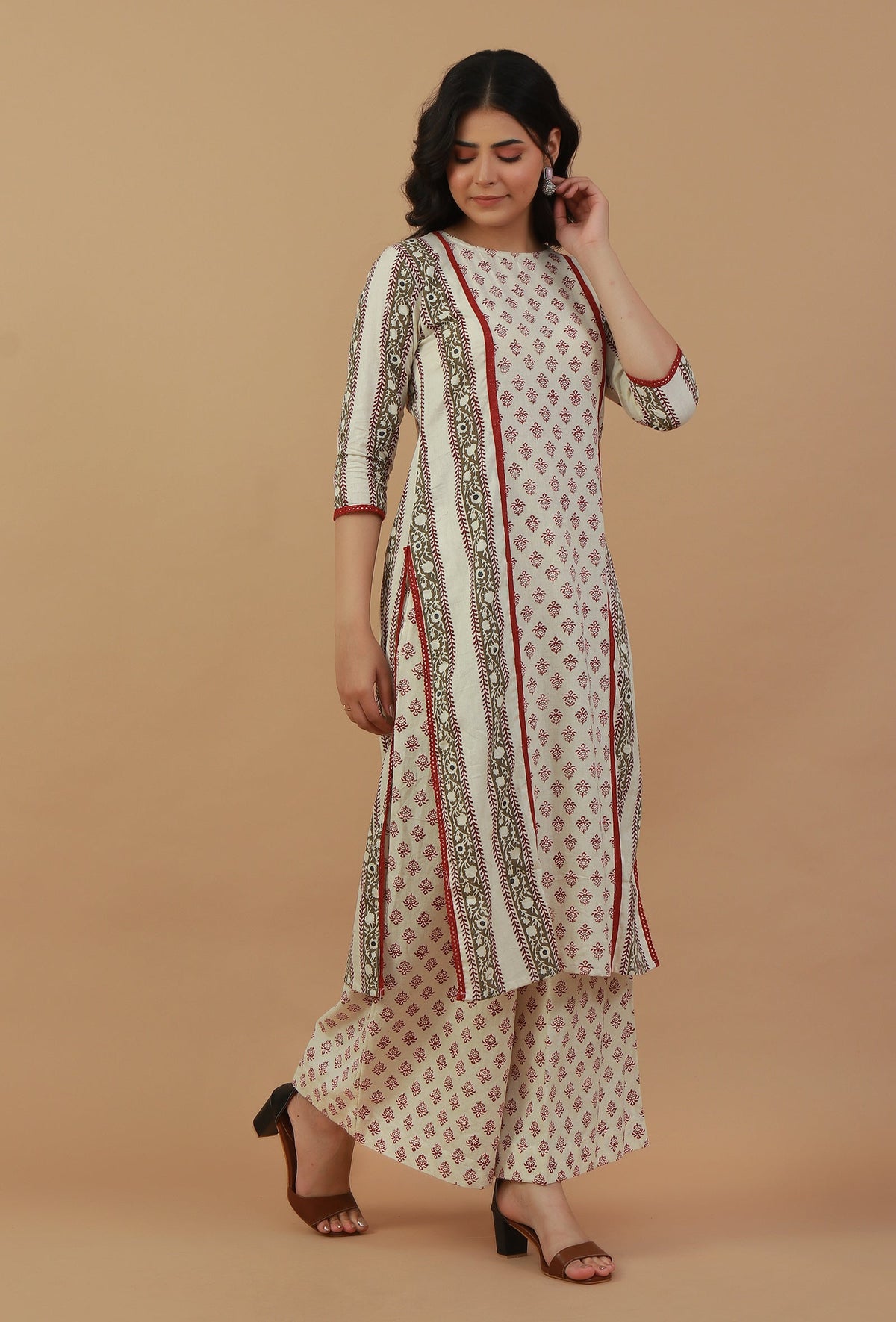 Set of 2: Off-White Printed Kurta with Matching Palazzo Pants クルタ S・パラッツォ XXXL