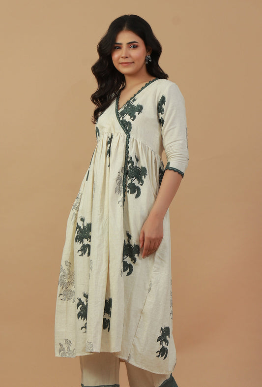Ivory Hand Block Printed Angrakha Cotton Kurta with Lace Detailing サイズ M