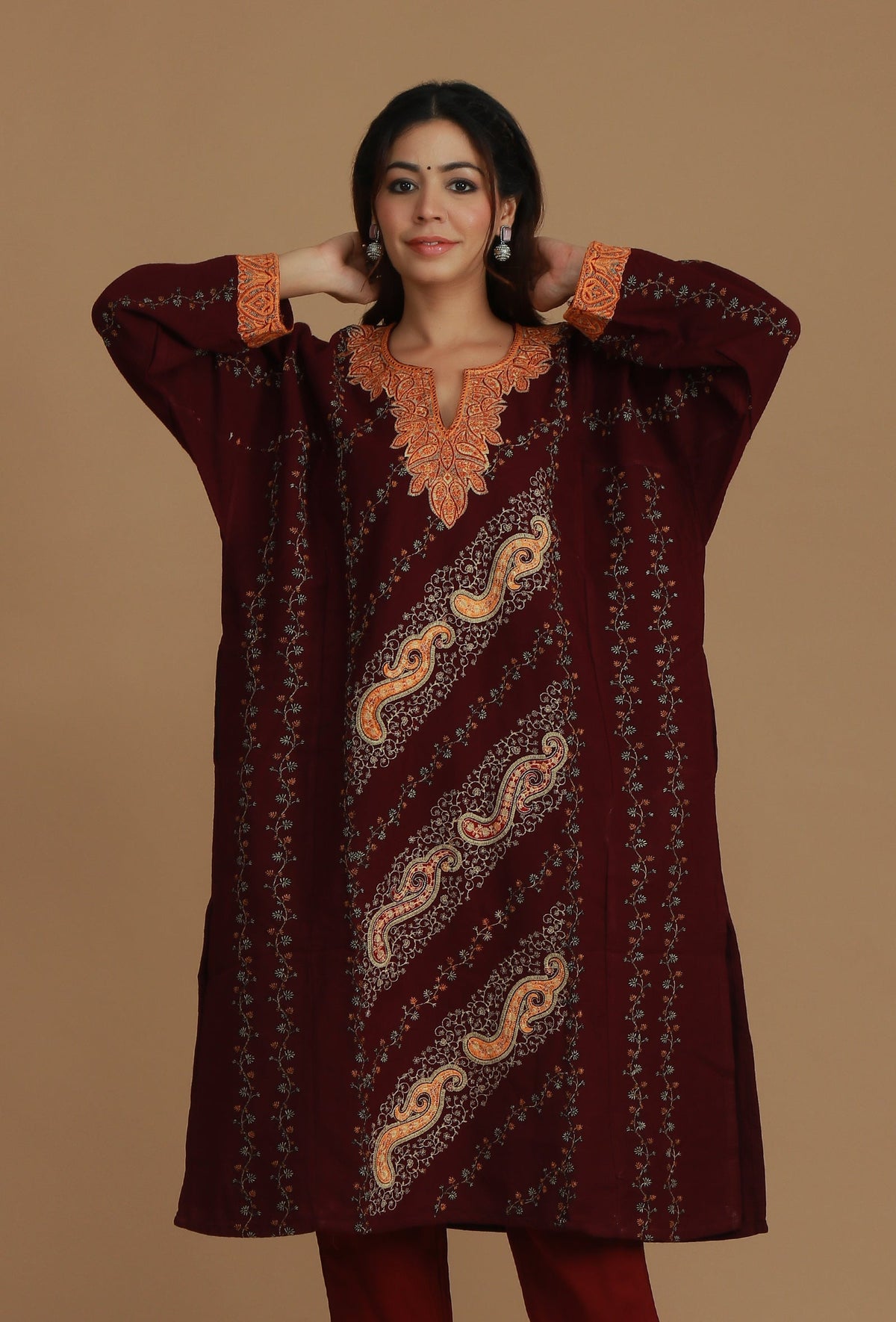Maroon Phiran with Paisley and Vine Aari Embroidery