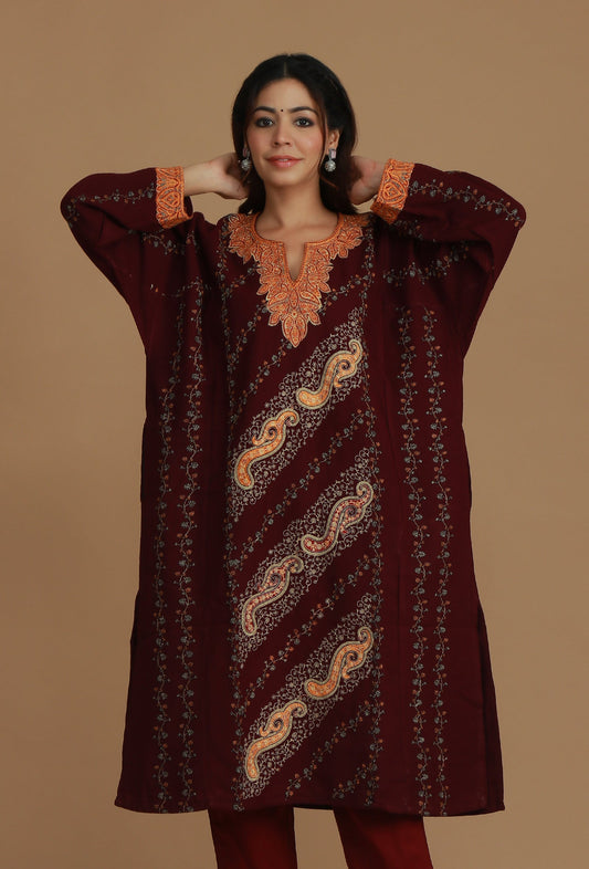 Maroon Phiran with Paisley and Vine Aari Embroidery