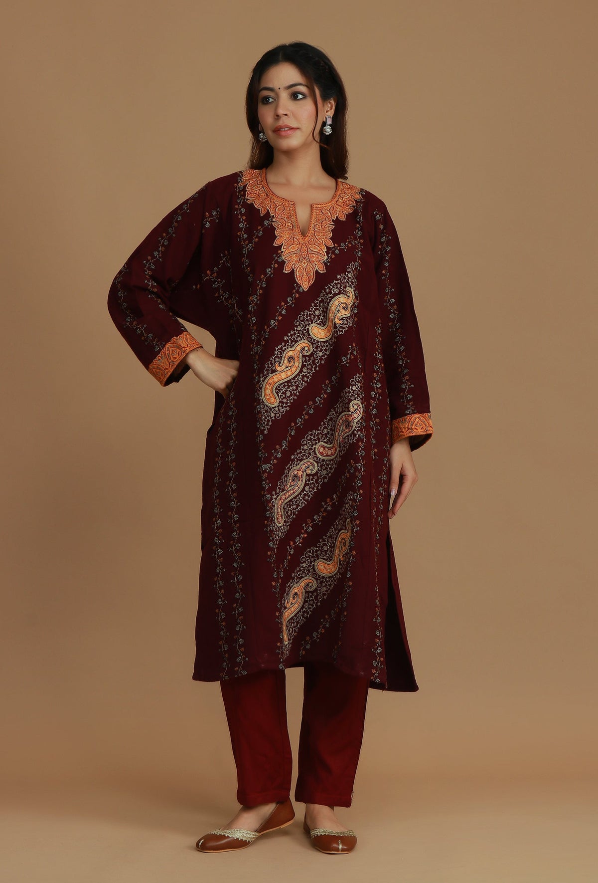 Maroon Phiran with Paisley and Vine Aari Embroidery