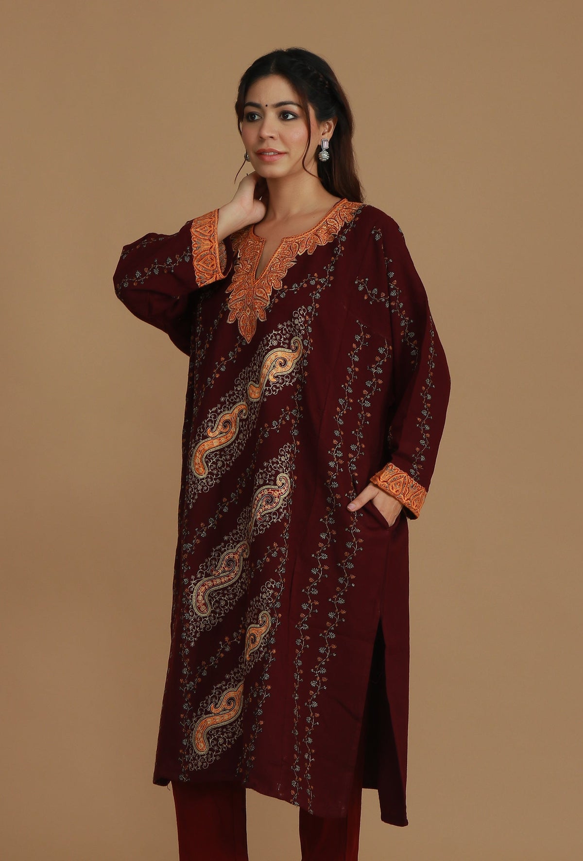 Maroon Phiran with Paisley and Vine Aari Embroidery