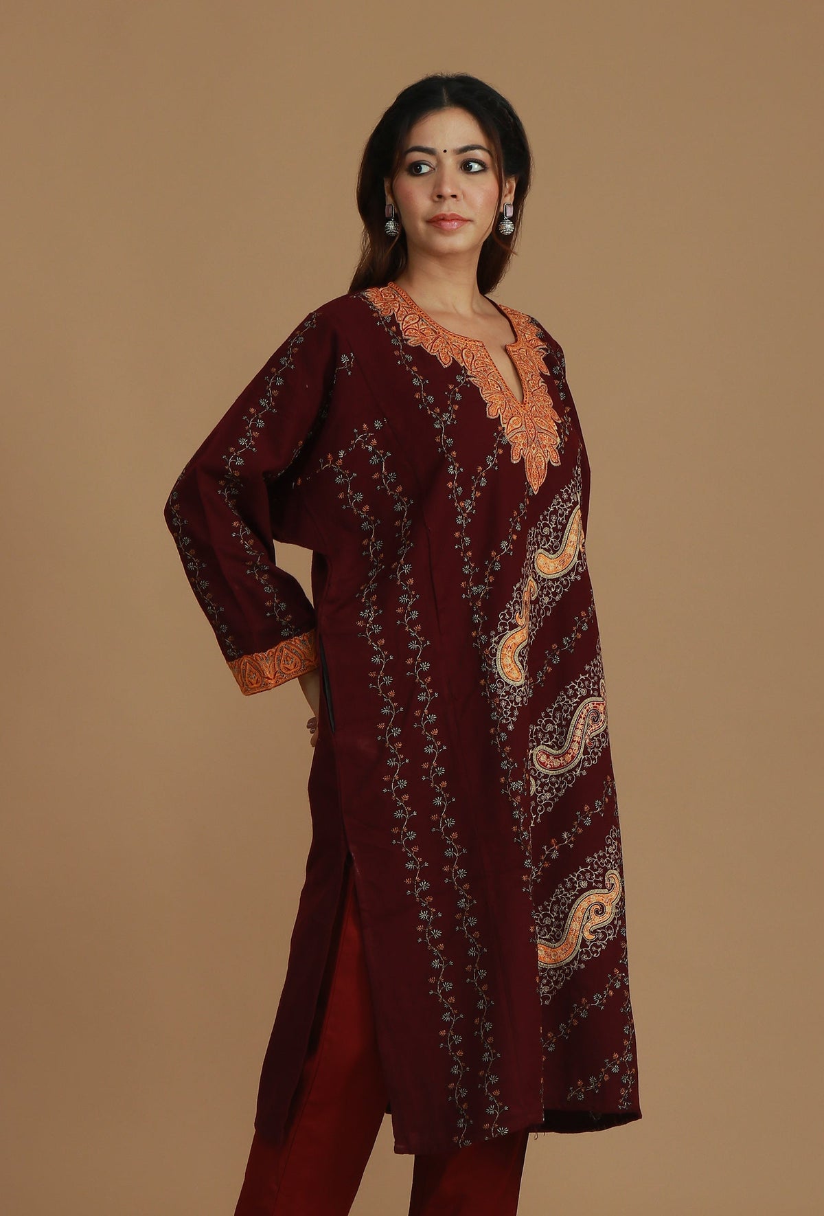 Maroon Phiran with Paisley and Vine Aari Embroidery