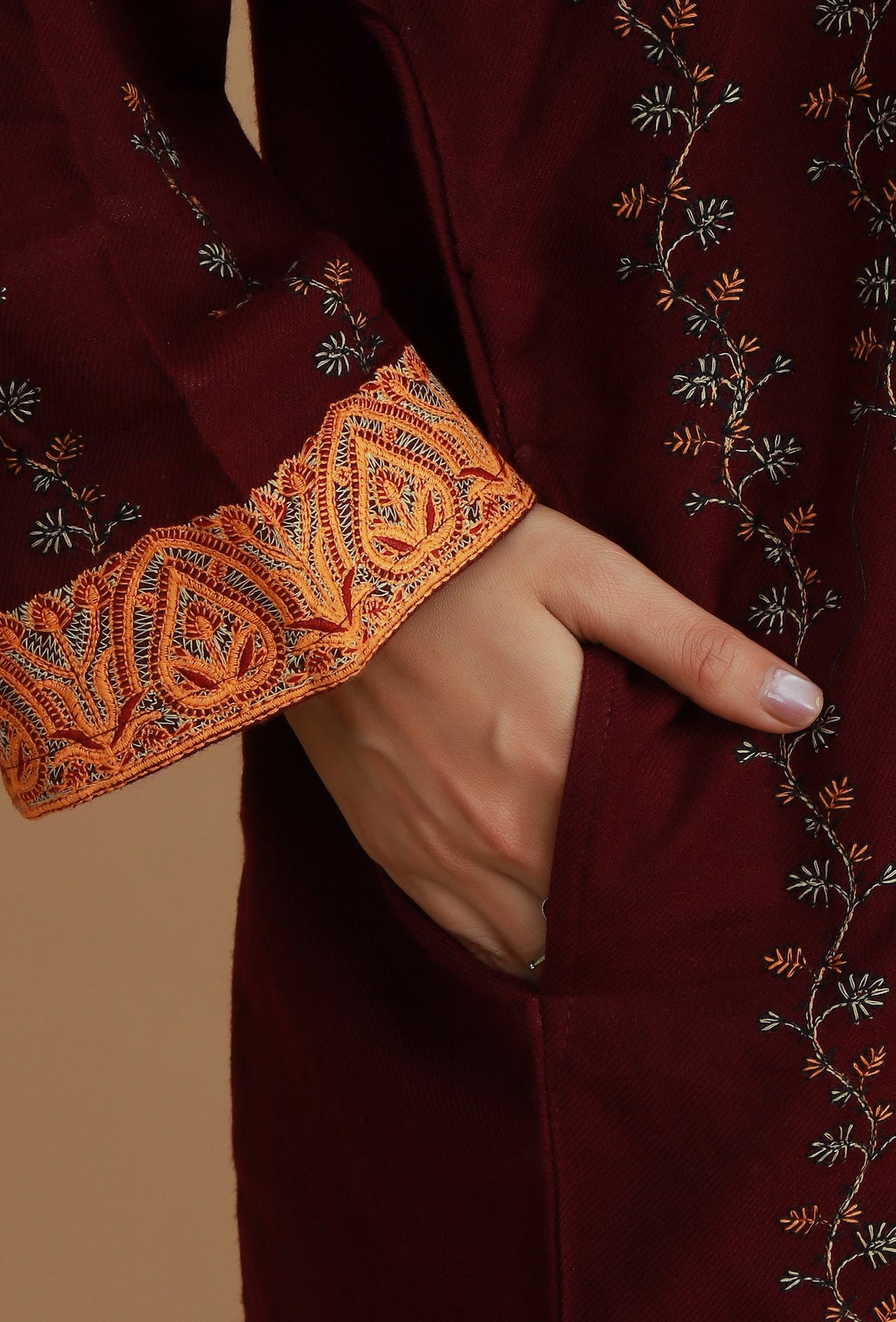 Maroon Phiran with Paisley and Vine Aari Embroidery