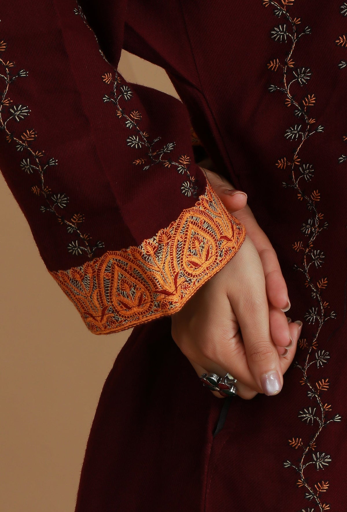 Maroon Phiran with Paisley and Vine Aari Embroidery