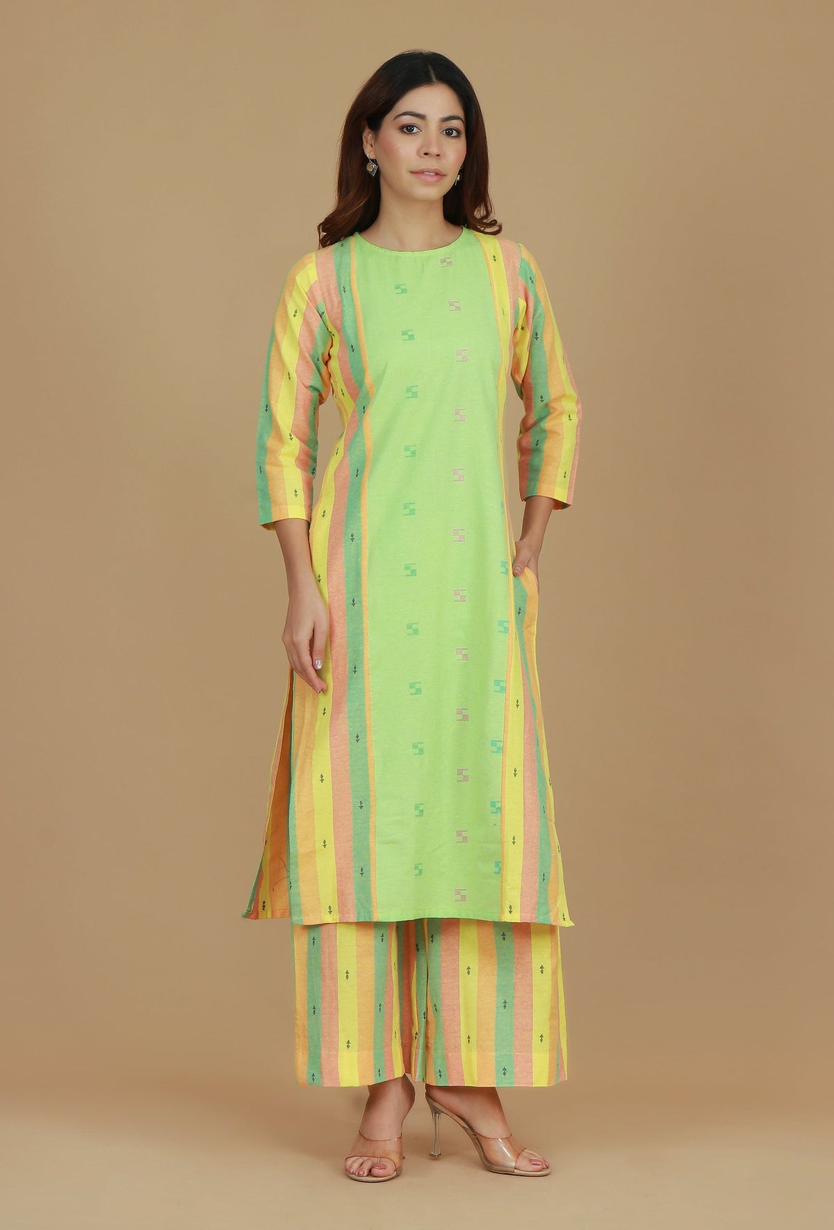 Set of 2 Lime Green & Yellow Striped Cotton Viscose Kurta with Matching Pants クルタ M・パンツ S