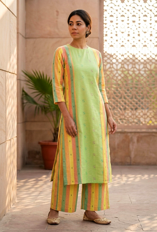 Set of 2 Lime Green & Yellow Striped Cotton Viscose Kurta with Matching Pants クルタ M・パンツ M