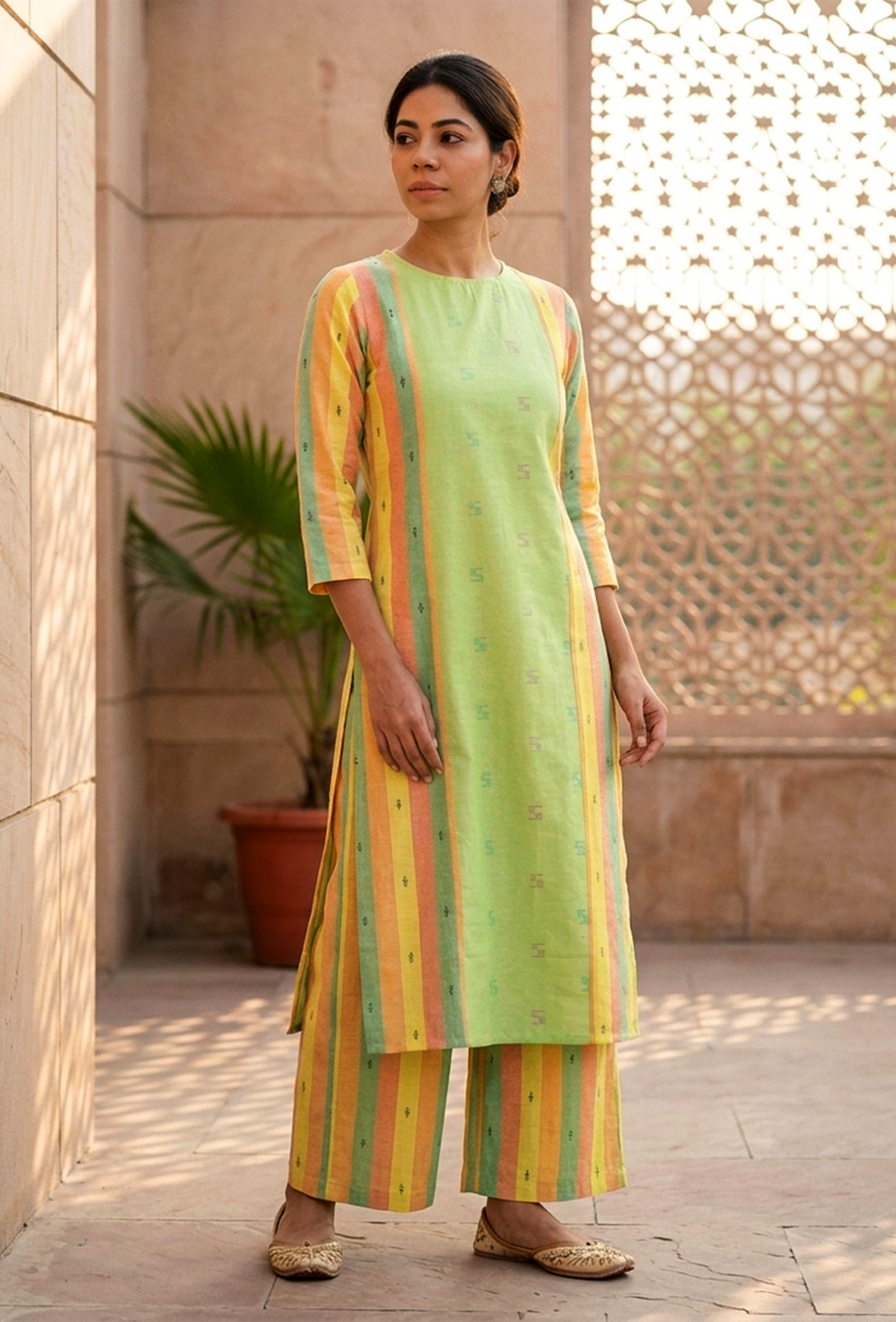 Set of 2 Lime Green & Yellow Striped Cotton Viscose Kurta with Matching Pants クルタ XXL・パンツ S