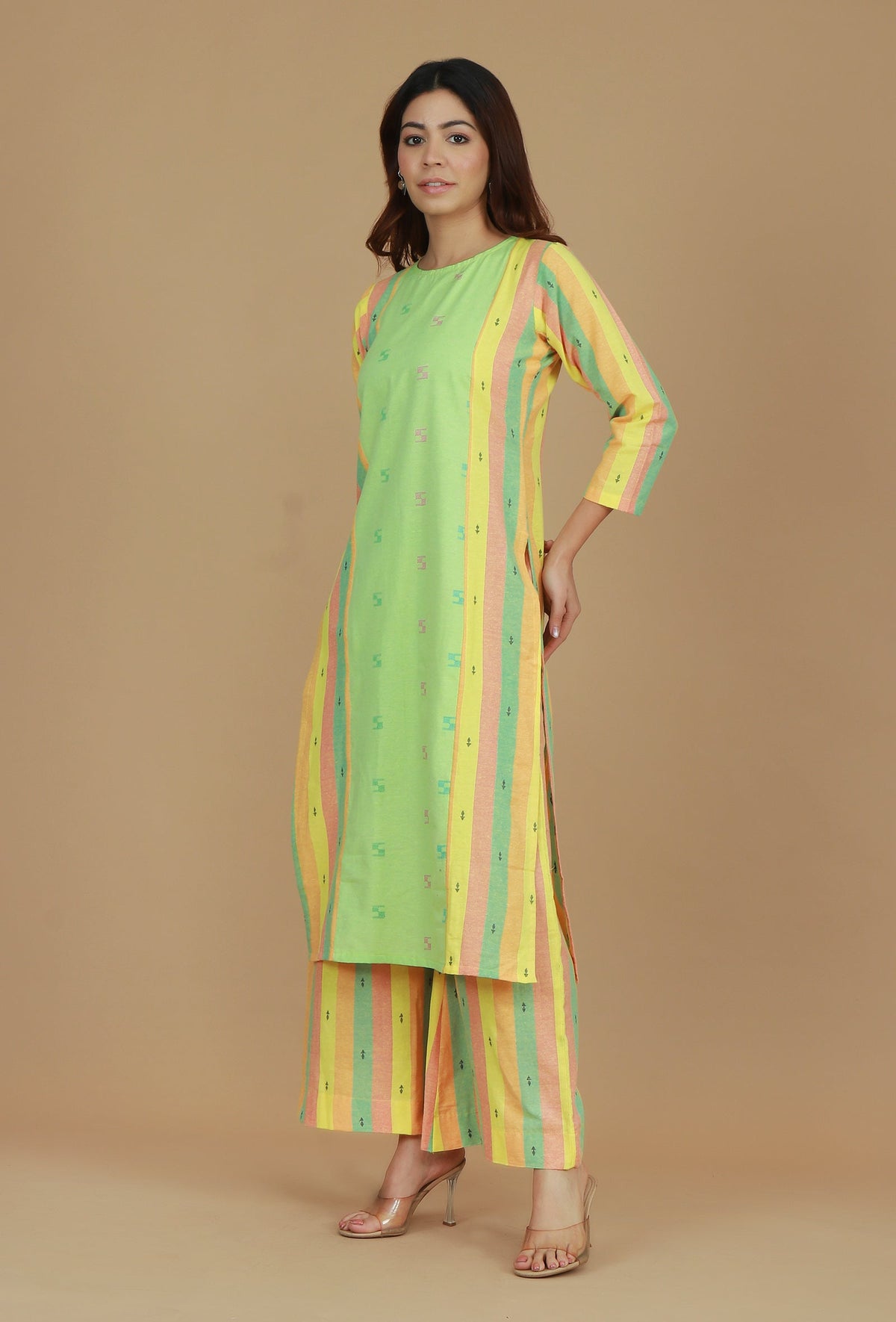 Set of 2 Lime Green & Yellow Striped Cotton Viscose Kurta with Matching Pants クルタ M・パンツ S