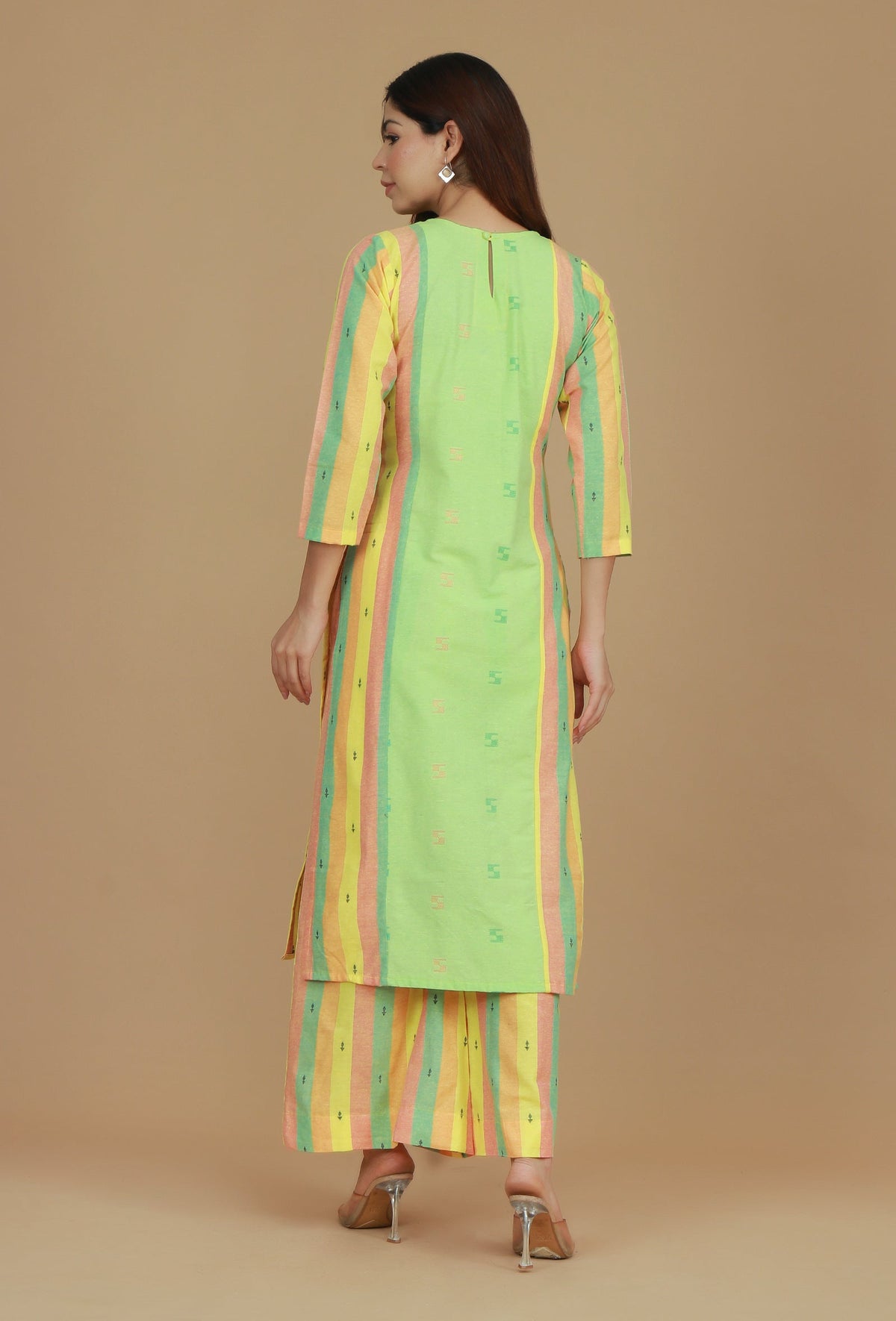 Set of 2 Lime Green & Yellow Striped Cotton Viscose Kurta with Matching Pants クルタ S・パンツ S