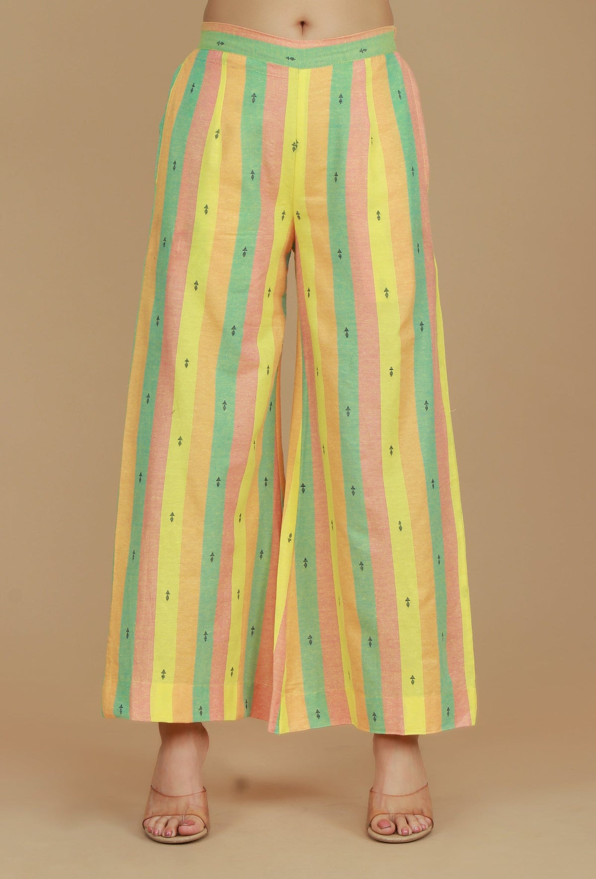 Set of 2 Lime Green & Yellow Striped Cotton Viscose Kurta with Matching Pants クルタ M・パンツ M