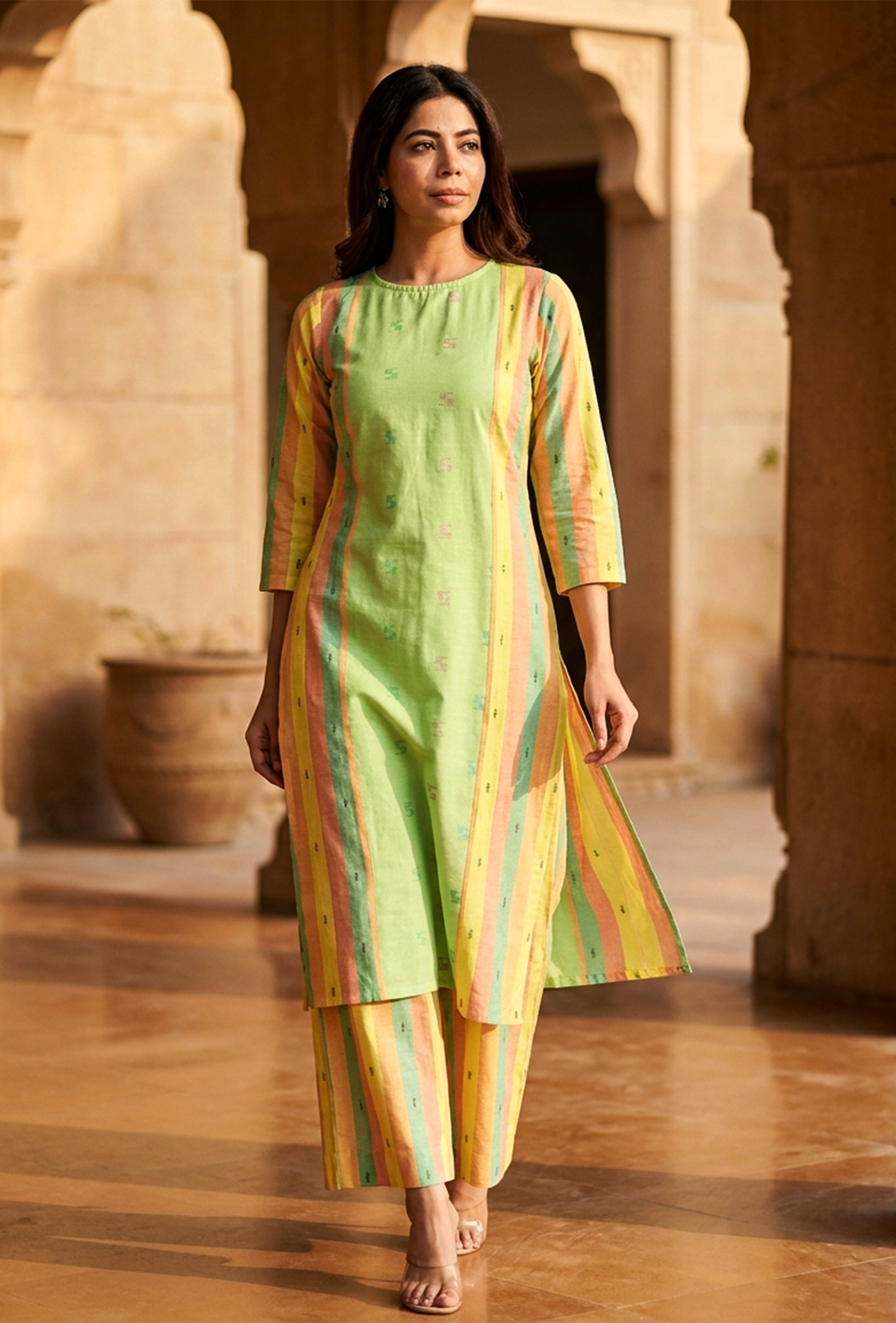 Lime Green & Yellow Striped Cotton Viscose Kurta サイズ XL