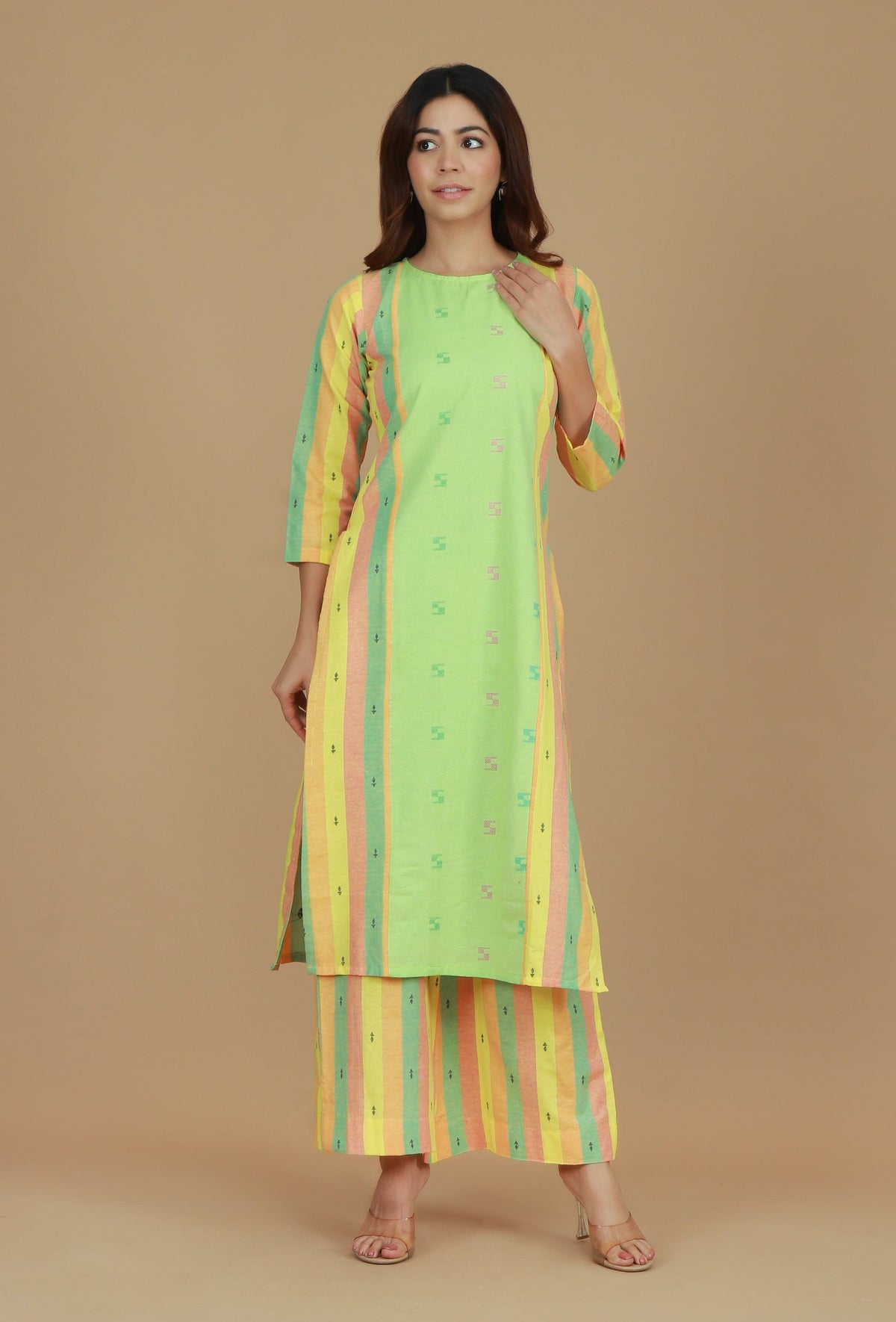 Lime Green & Yellow Striped Cotton Viscose Kurta サイズ XXL