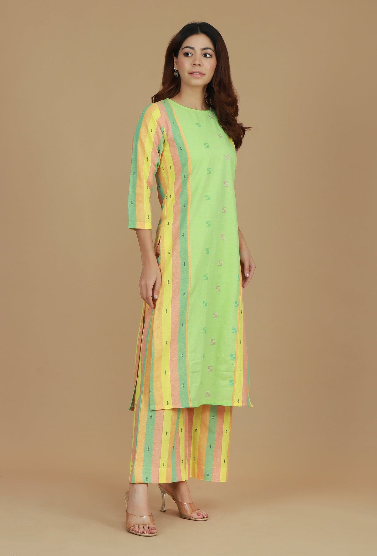 Lime Green & Yellow Striped Cotton Viscose Kurta サイズ XL