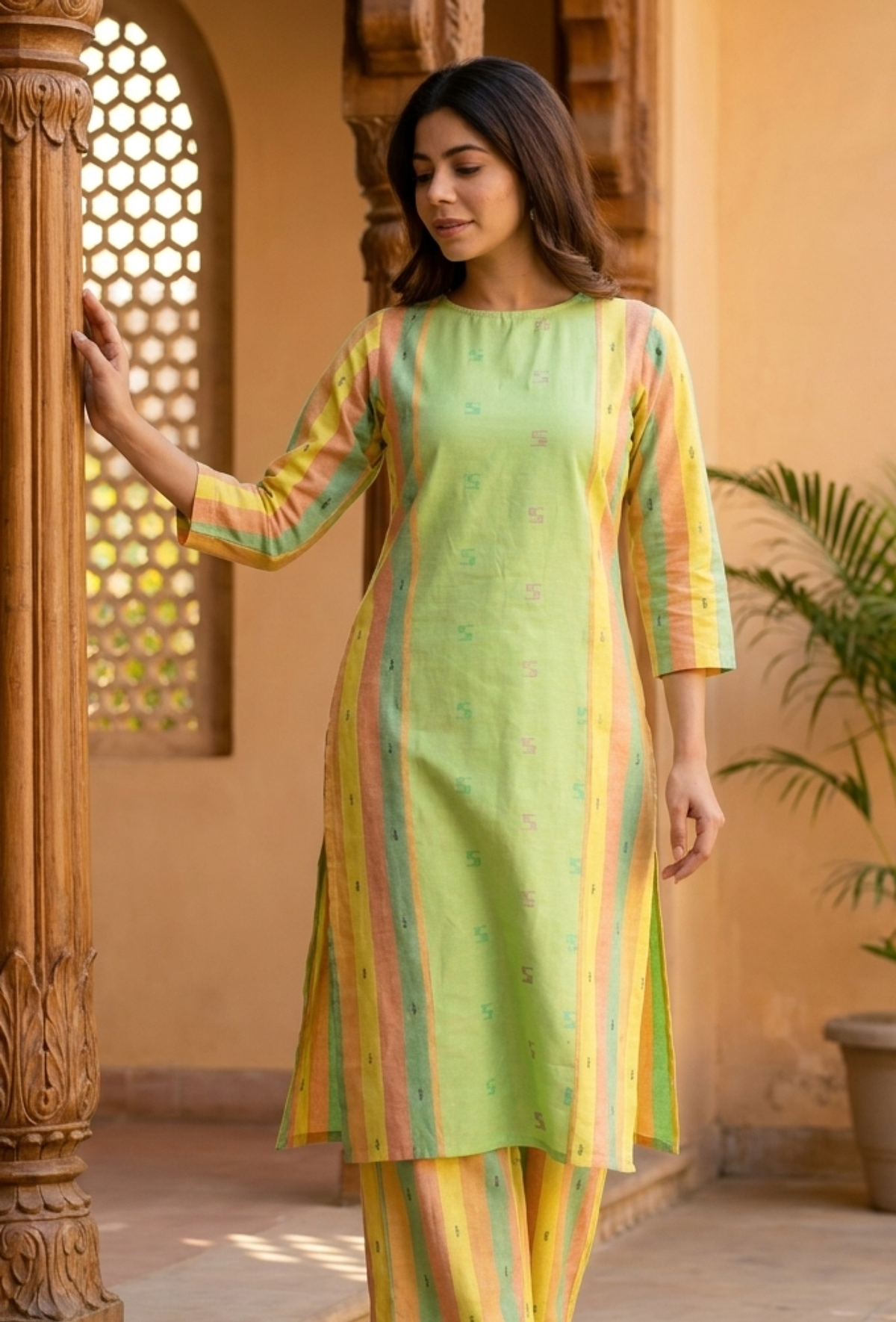Lime Green & Yellow Striped Cotton Viscose Kurta サイズ XL