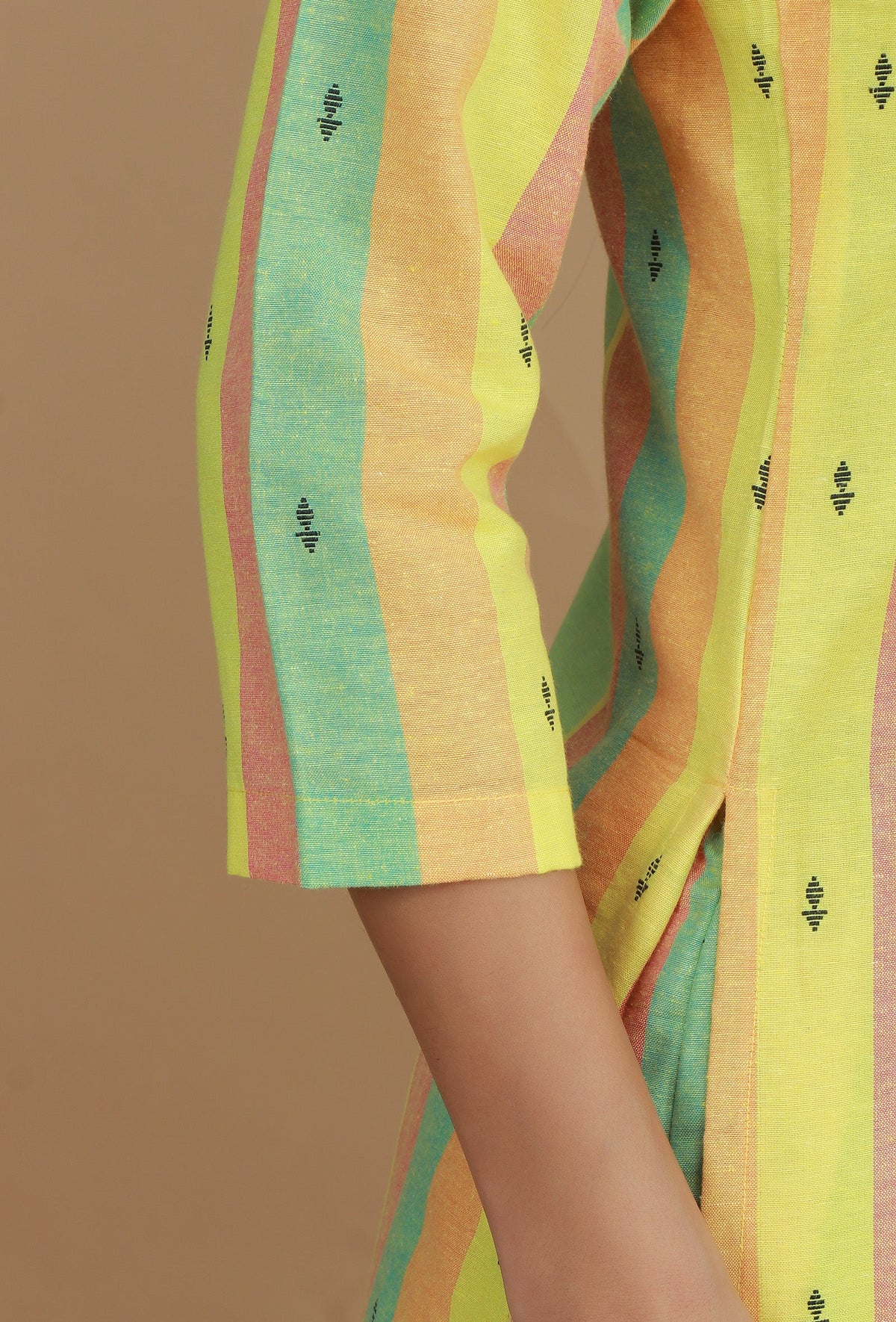 Lime Green & Yellow Striped Cotton Viscose Kurta サイズ S