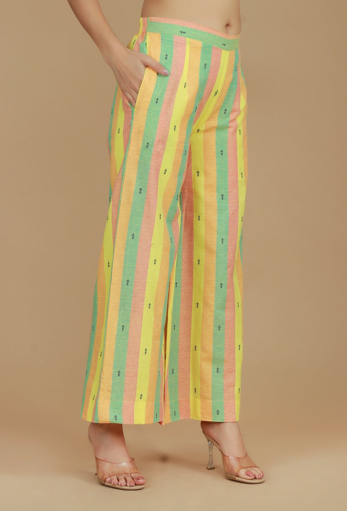 Lime Green & Yellow Striped Cotton Viscose Pants サイズ M