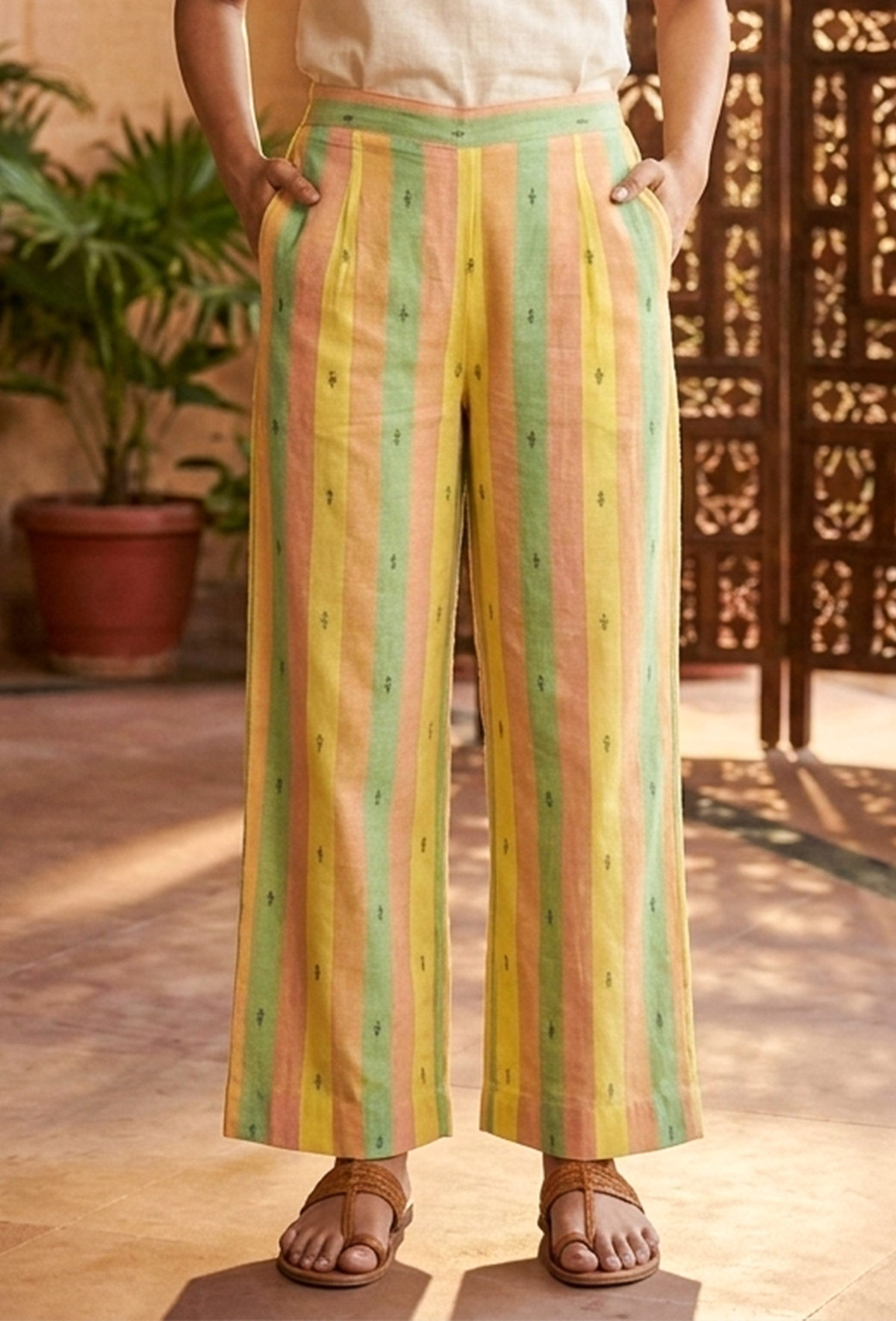 Lime Green & Yellow Striped Cotton Viscose Pants サイズ M