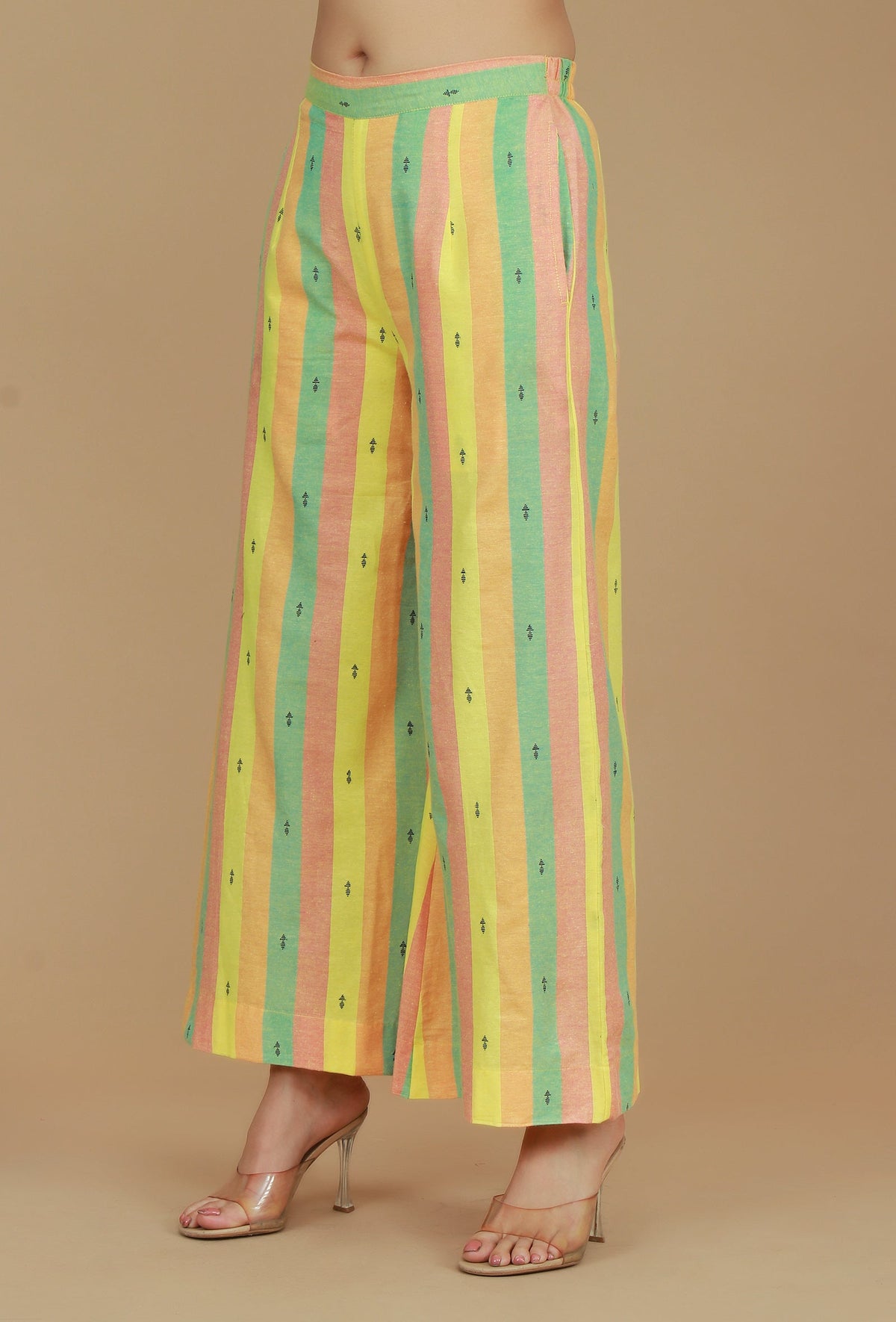 Lime Green & Yellow Striped Cotton Viscose Pants サイズ M
