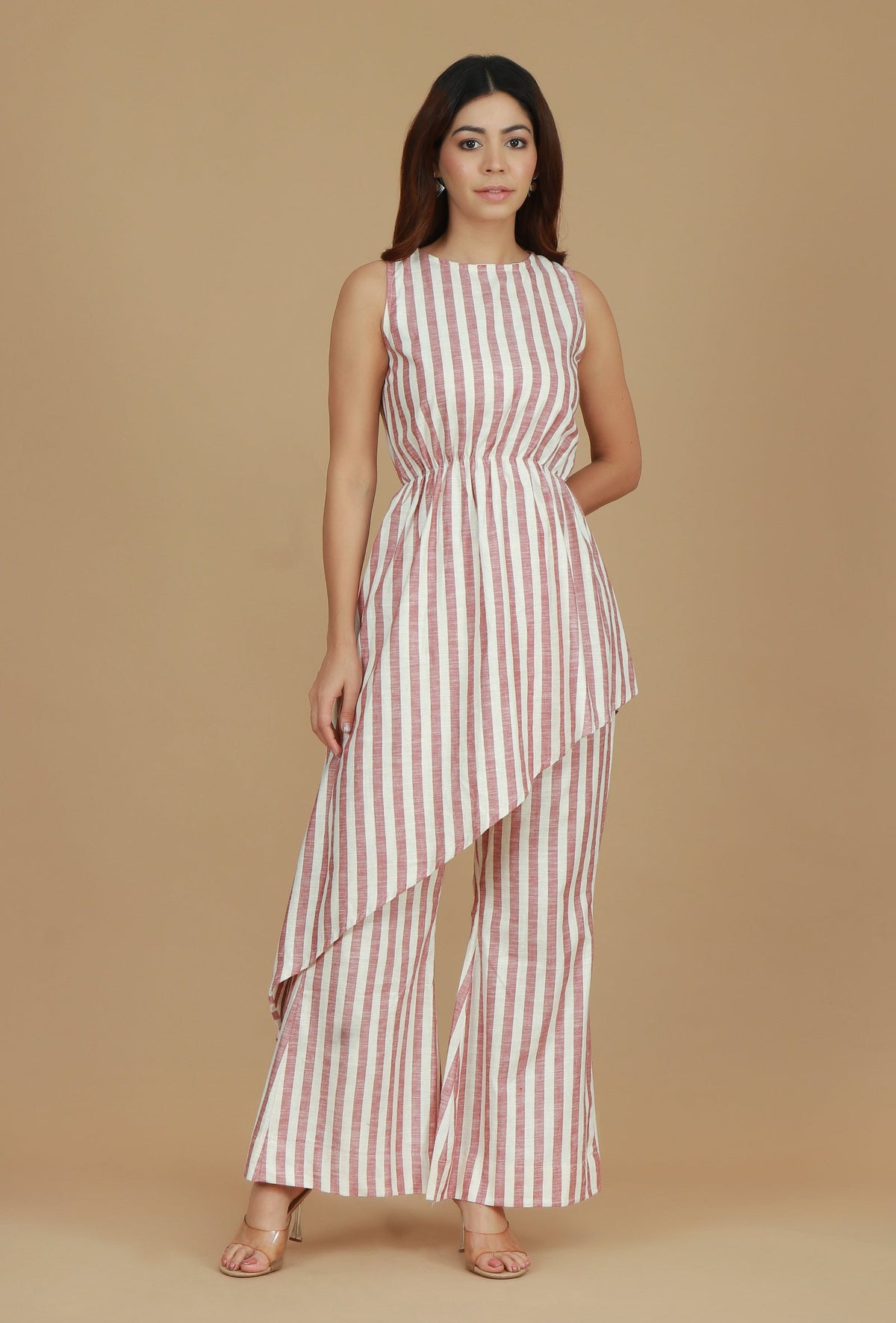 Set of 2: Rose & Ivory Striped Asymmetric Top with Matching Pants トップス XXL・パンツ M