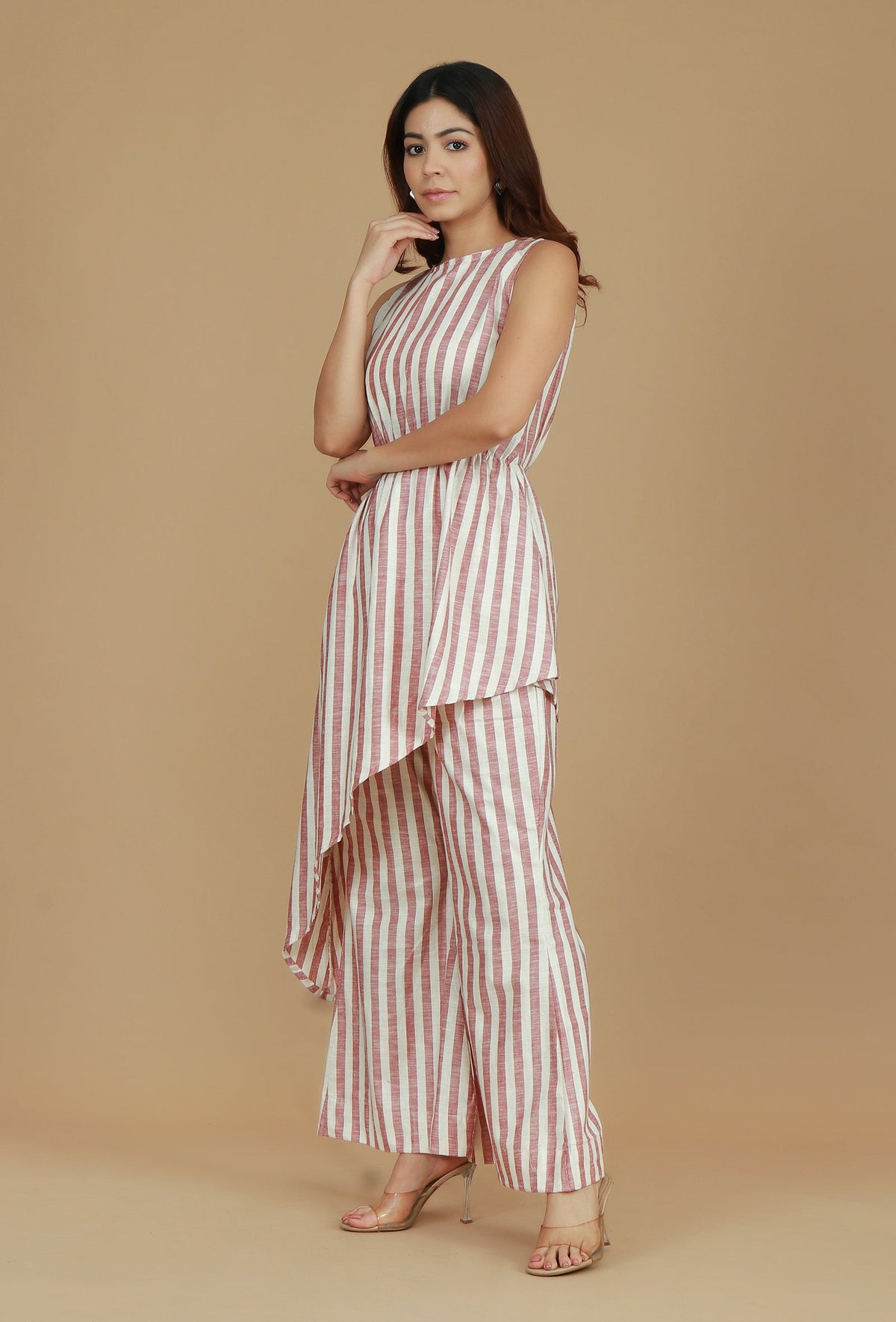 Set of 2: Rose & Ivory Striped Asymmetric Top with Matching Pants トップス XXXL・パンツ S