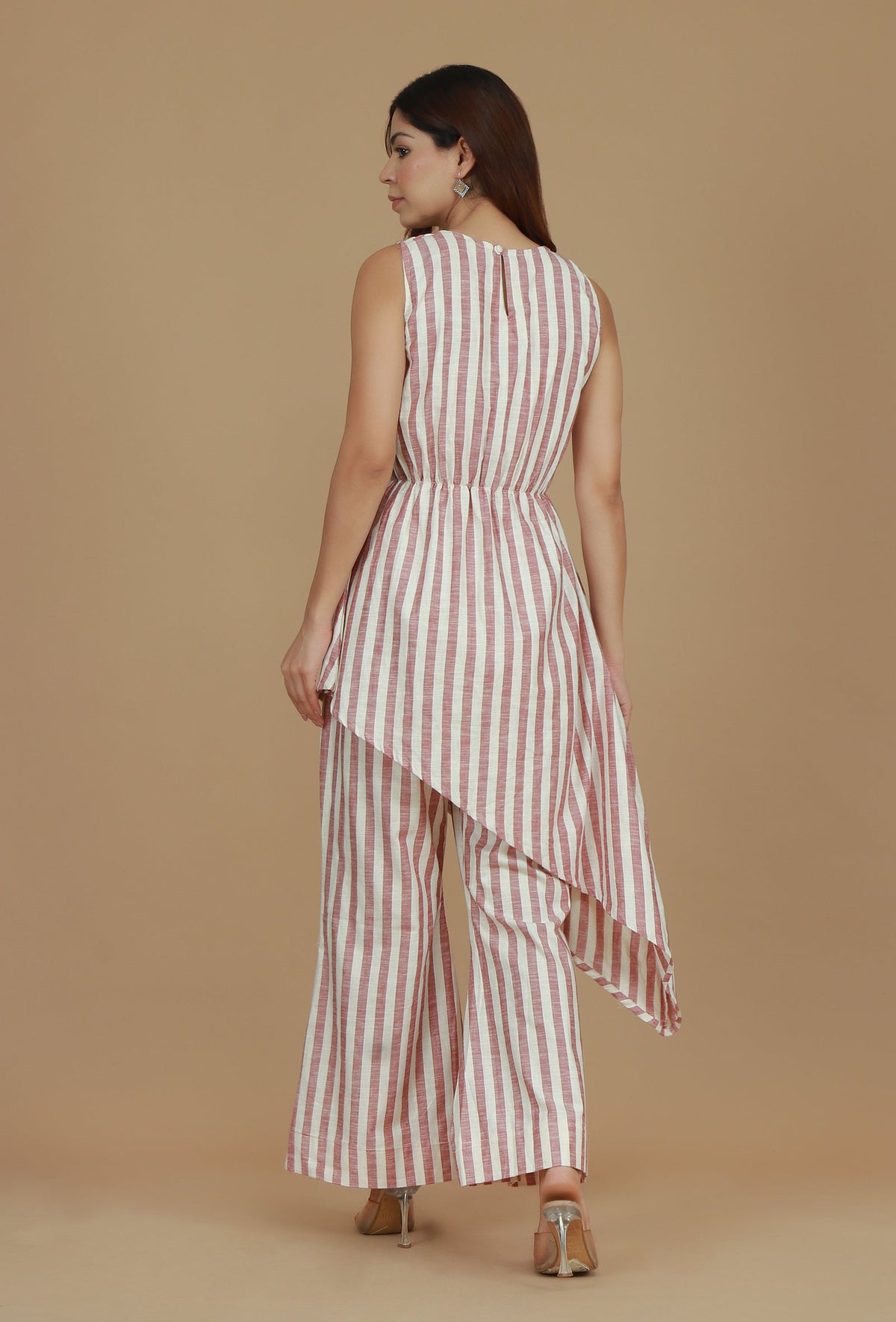 Set of 2: Rose & Ivory Striped Asymmetric Top with Matching Pants トップス L・パンツ XS