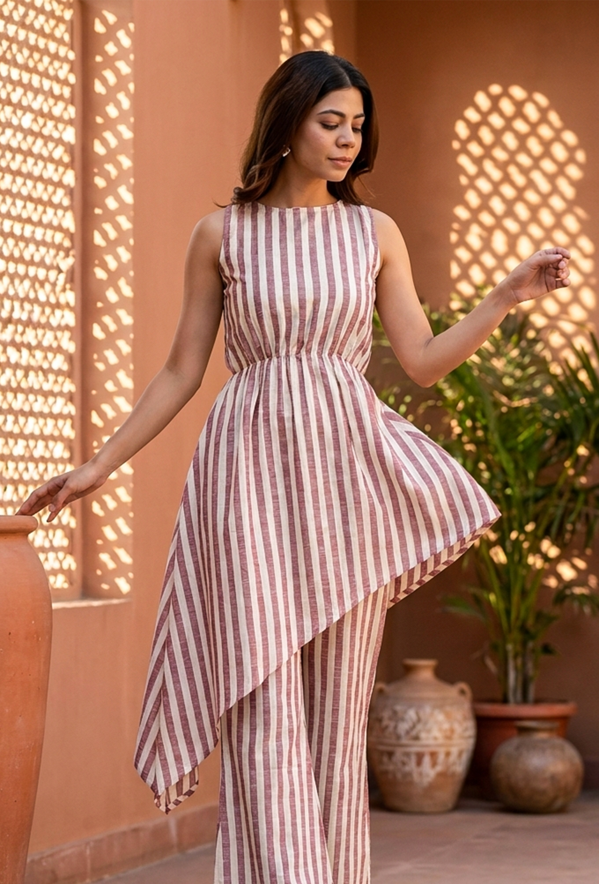 Rose & Ivory Striped Asymmetric Cotton Viscose Top サイズ L