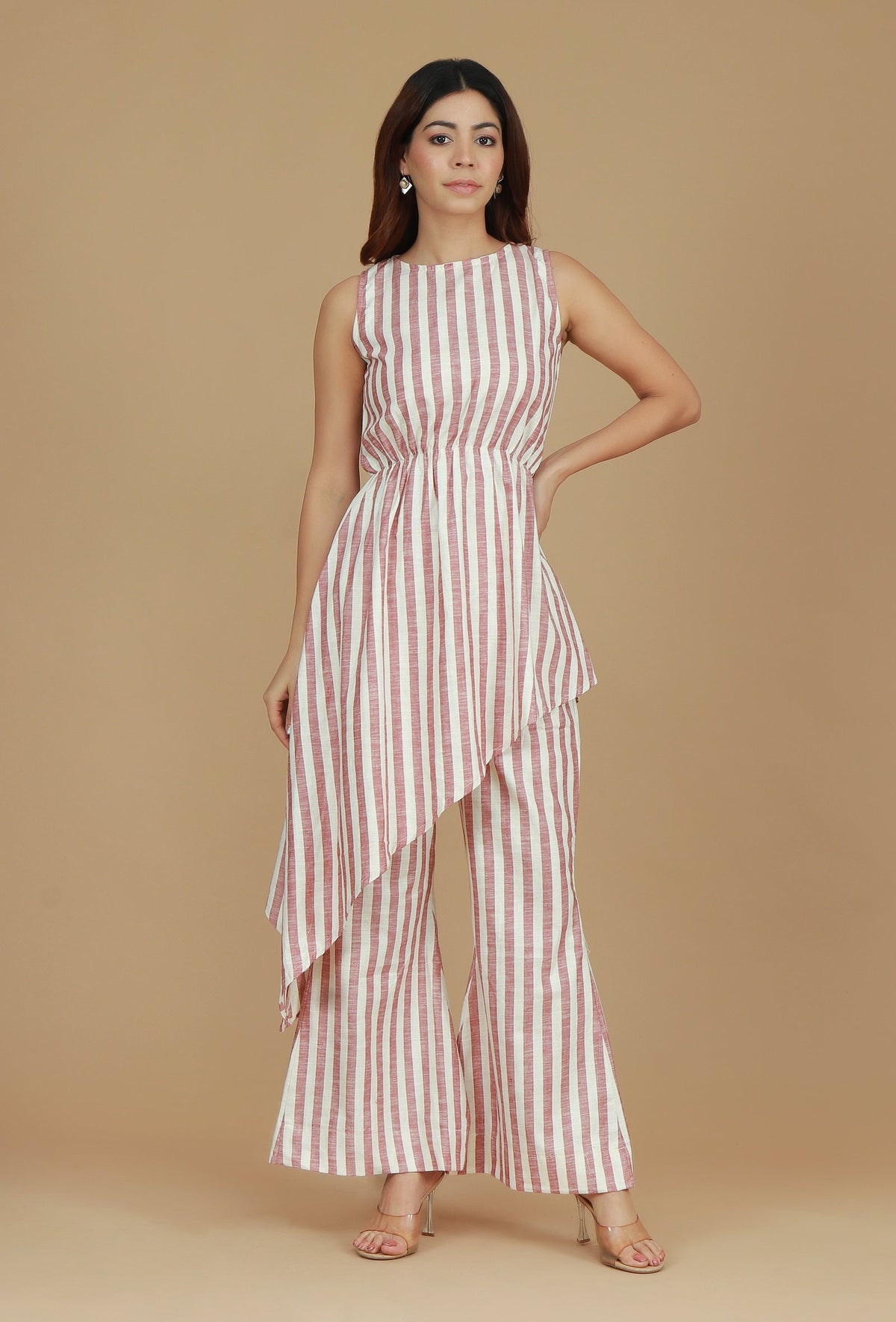 Rose & Ivory Striped Asymmetric Cotton Viscose Top サイズ S