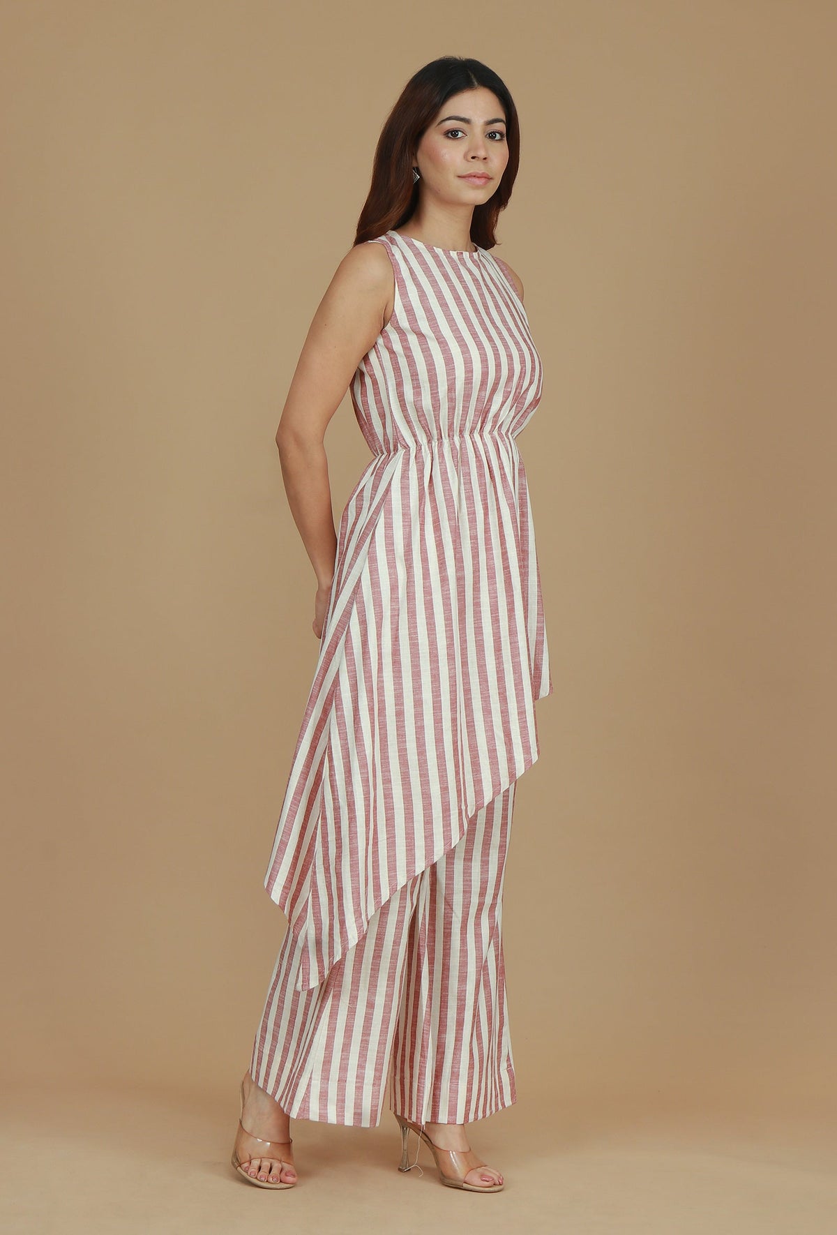 Rose & Ivory Striped Asymmetric Cotton Viscose Top サイズ S