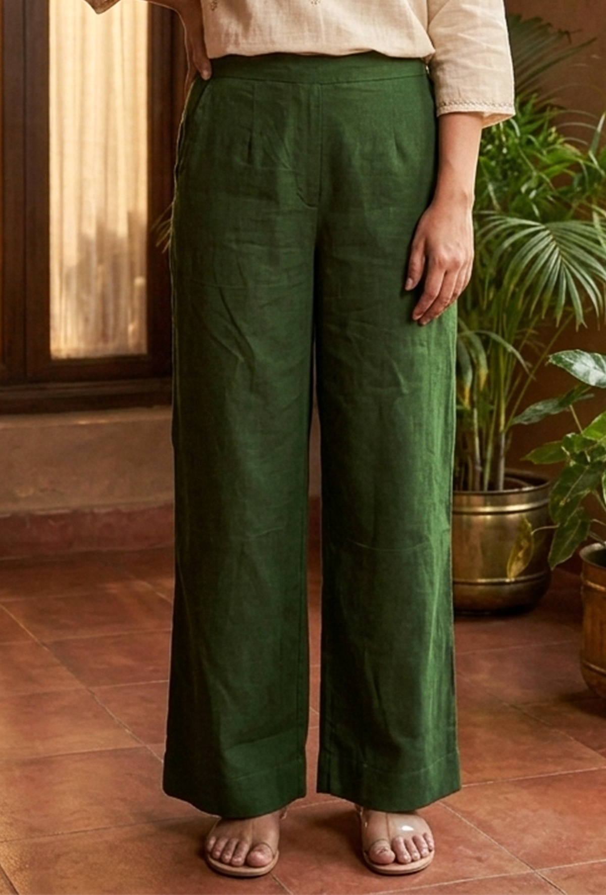 Dark Green Solid Cotton Pants サイズ L