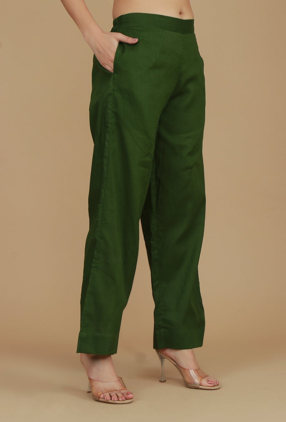 Dark Green Solid Cotton Pants サイズ L