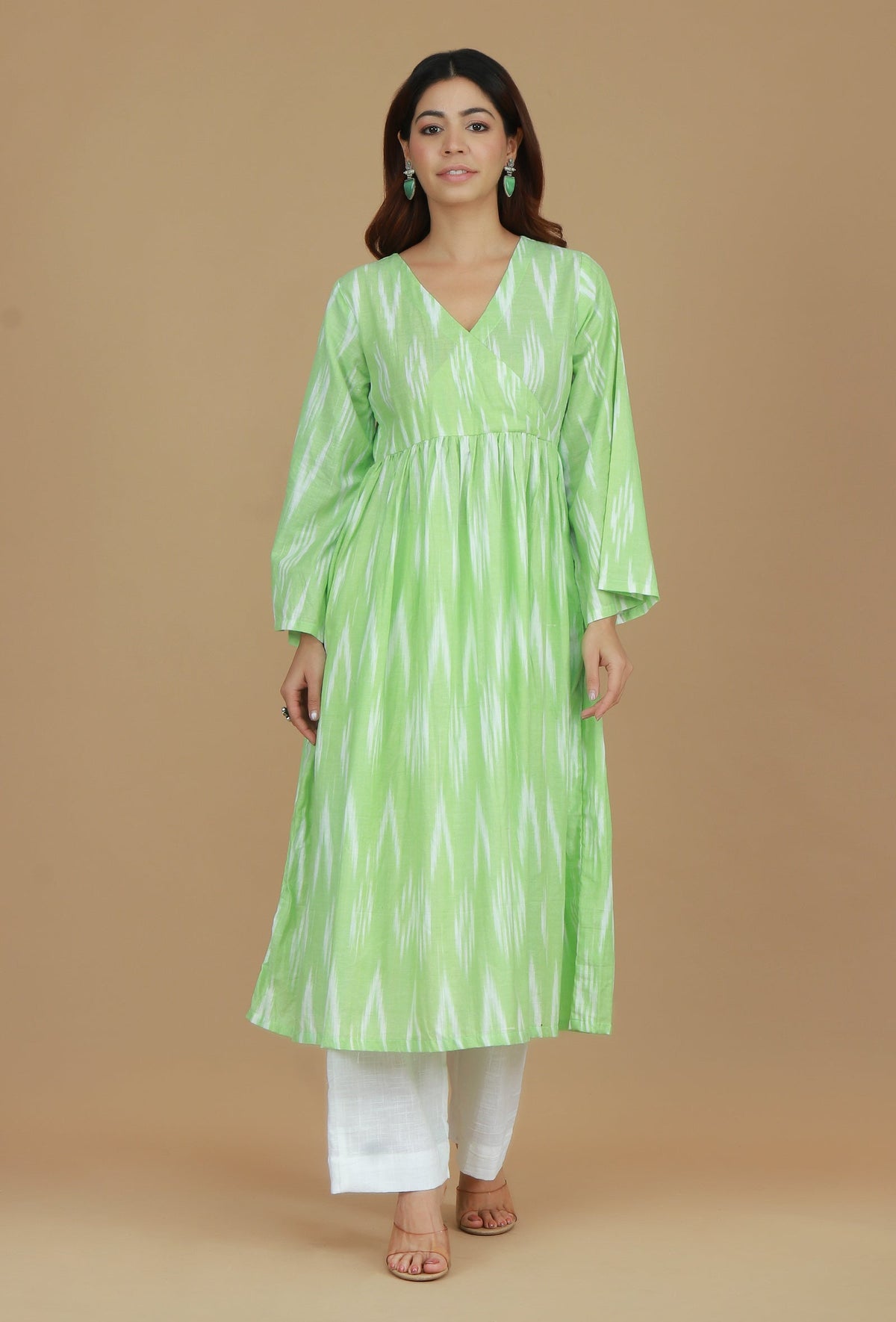 Light Green Ikat Flared Cotton Kurta サイズ S