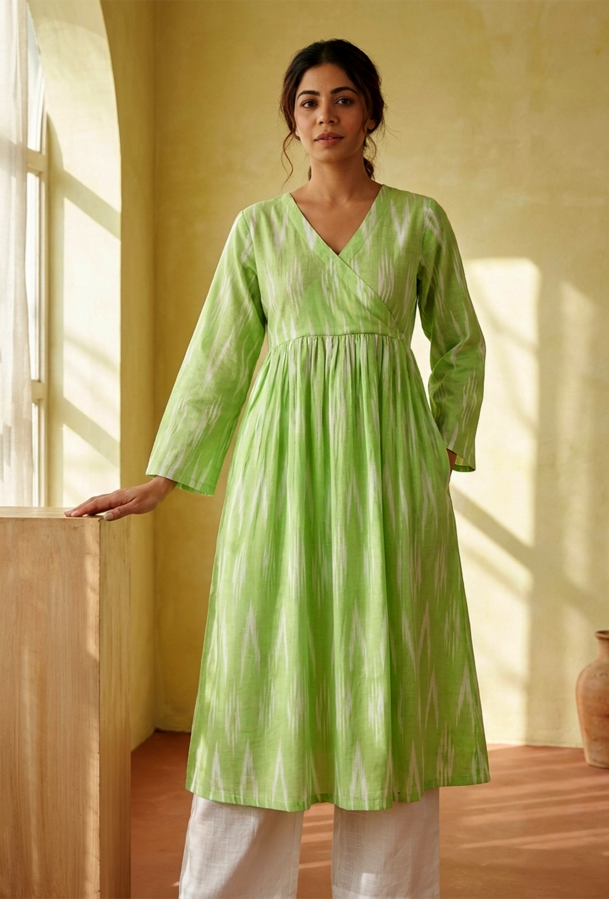 Light Green Ikat Flared Cotton Kurta サイズ XS