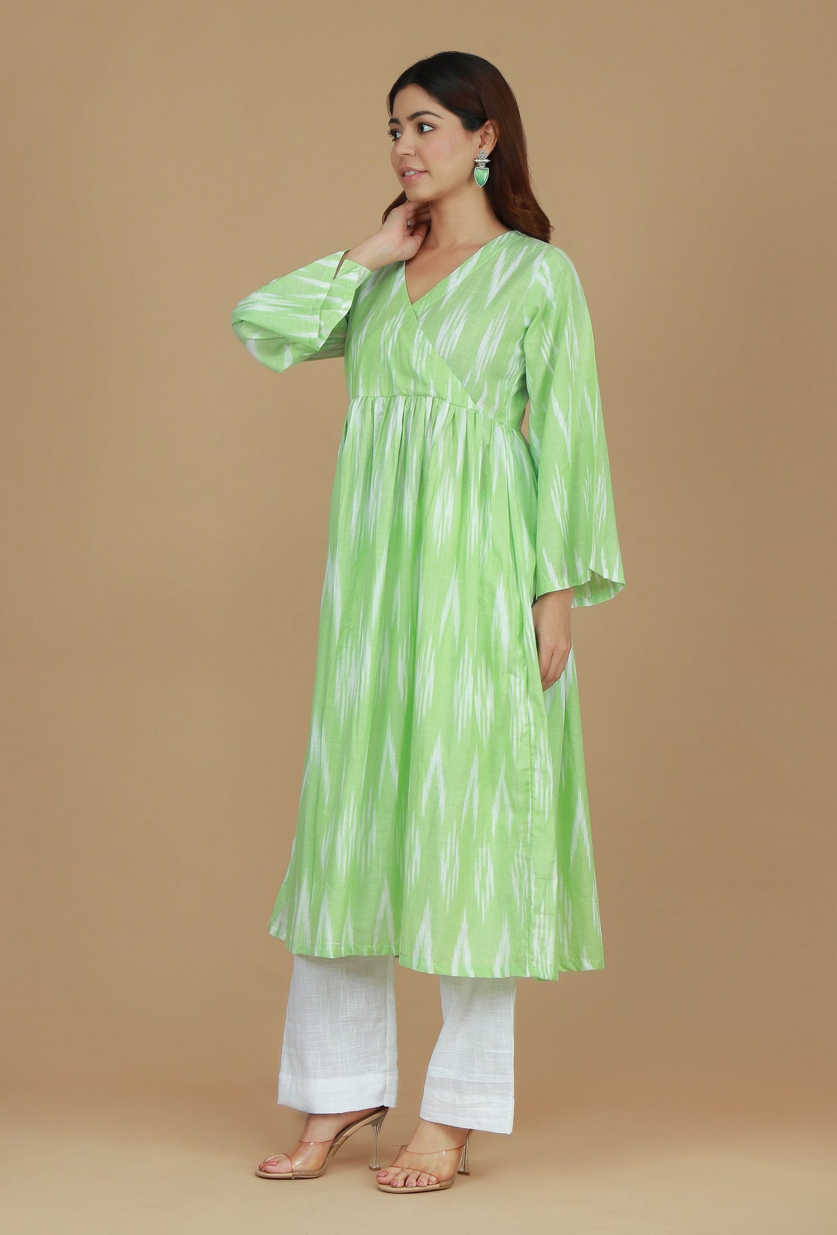 Light Green Ikat Flared Cotton Kurta サイズ M