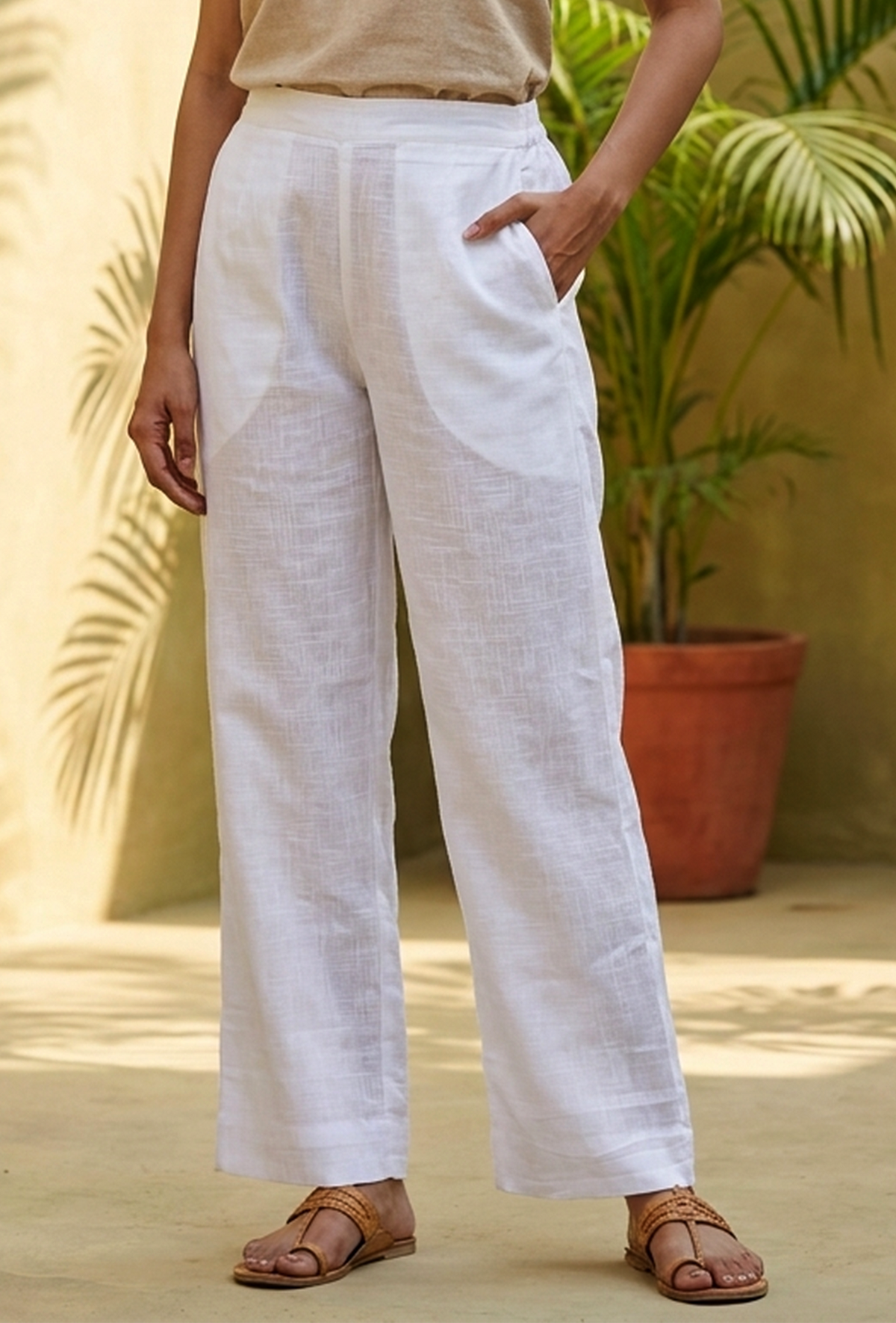 Solid White Cotton Straight Pants サイズ L