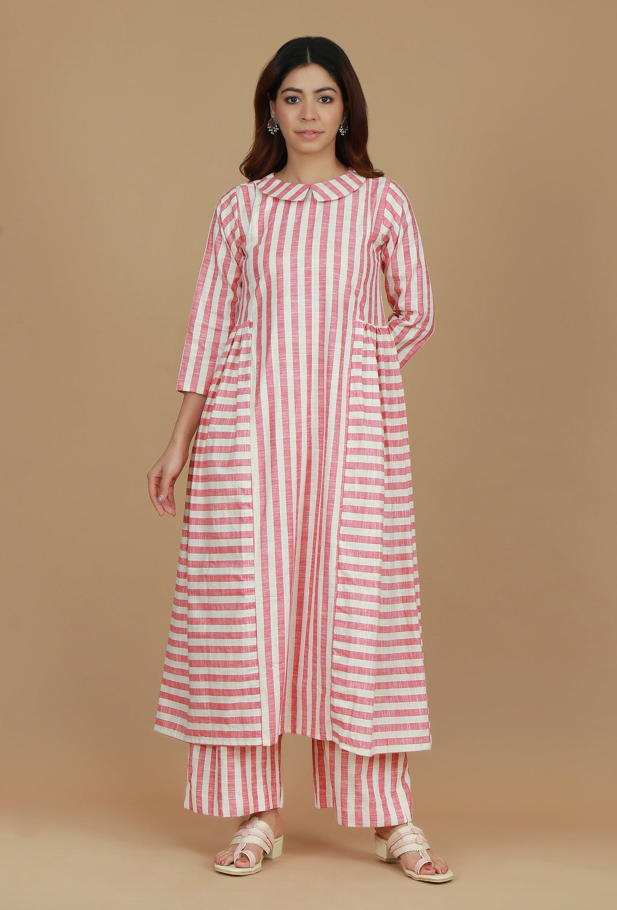 Set of 2 Pink & White Striped Cotton Viscose Kurta with Matching Pants クルタ M・パンツ XS
