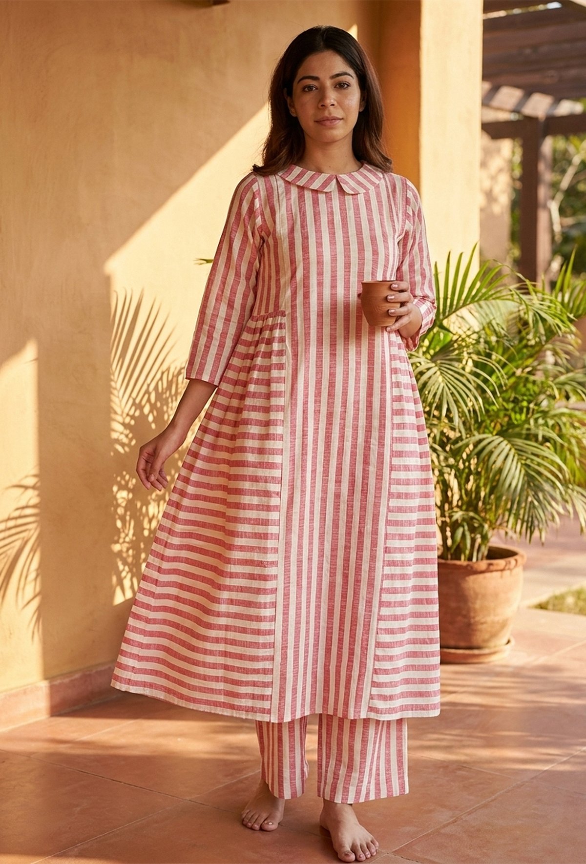Set of 2 Pink & White Striped Cotton Viscose Kurta with Matching Pants クルタ XS・パンツ L