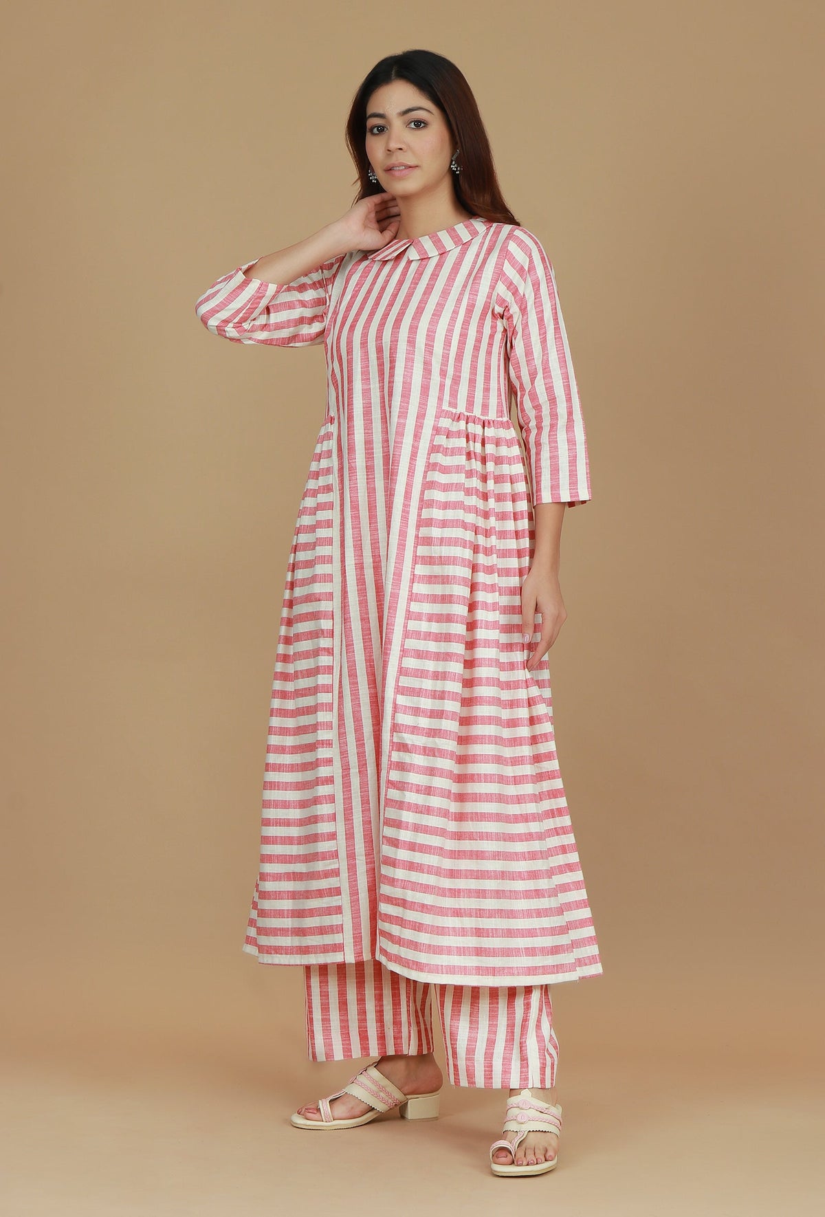 Set of 2 Pink & White Striped Cotton Viscose Kurta with Matching Pants クルタ XXL・パンツ XL
