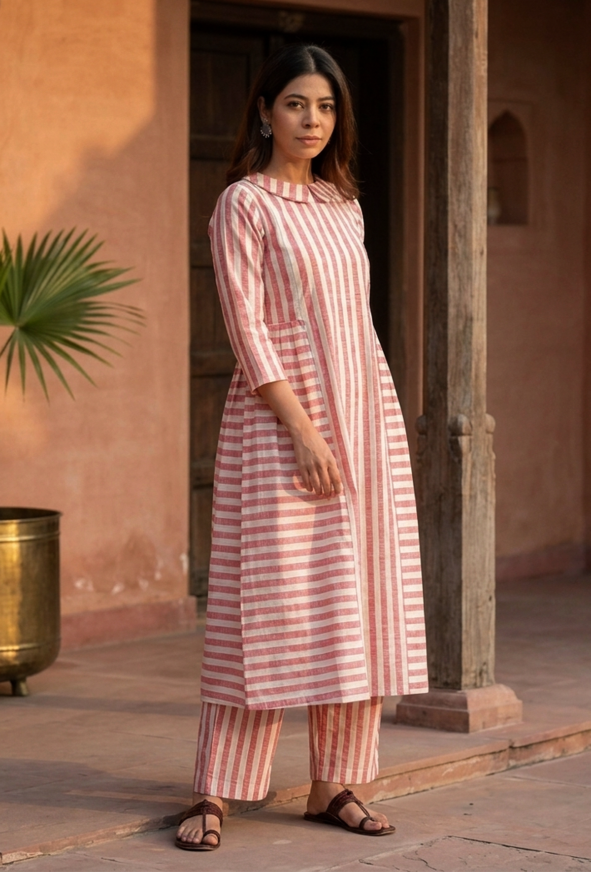 Pink & White Striped Cotton Viscose Kurta サイズ XS
