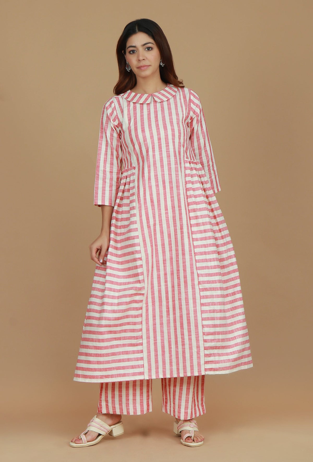 Pink & White Striped Cotton Viscose Kurta サイズ XXL