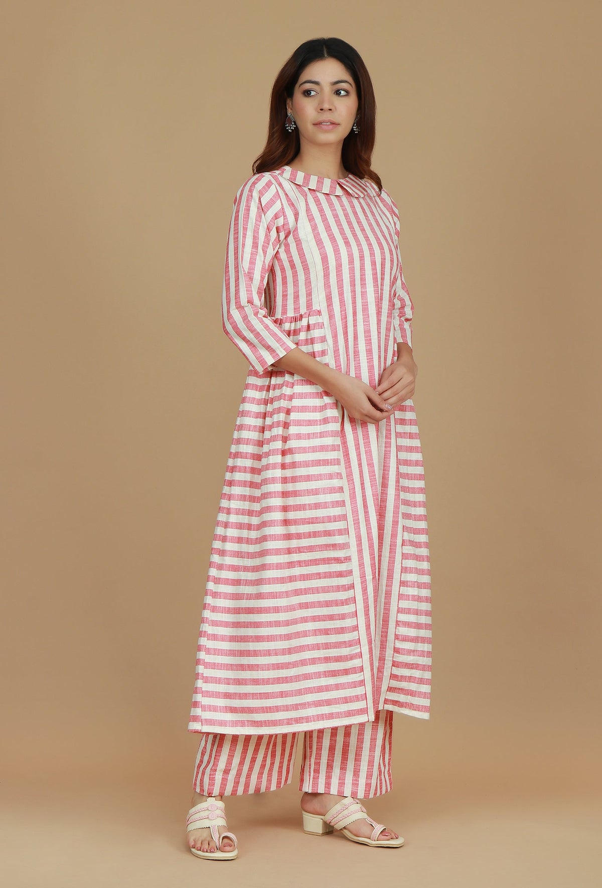 Pink & White Striped Cotton Viscose Kurta サイズ M