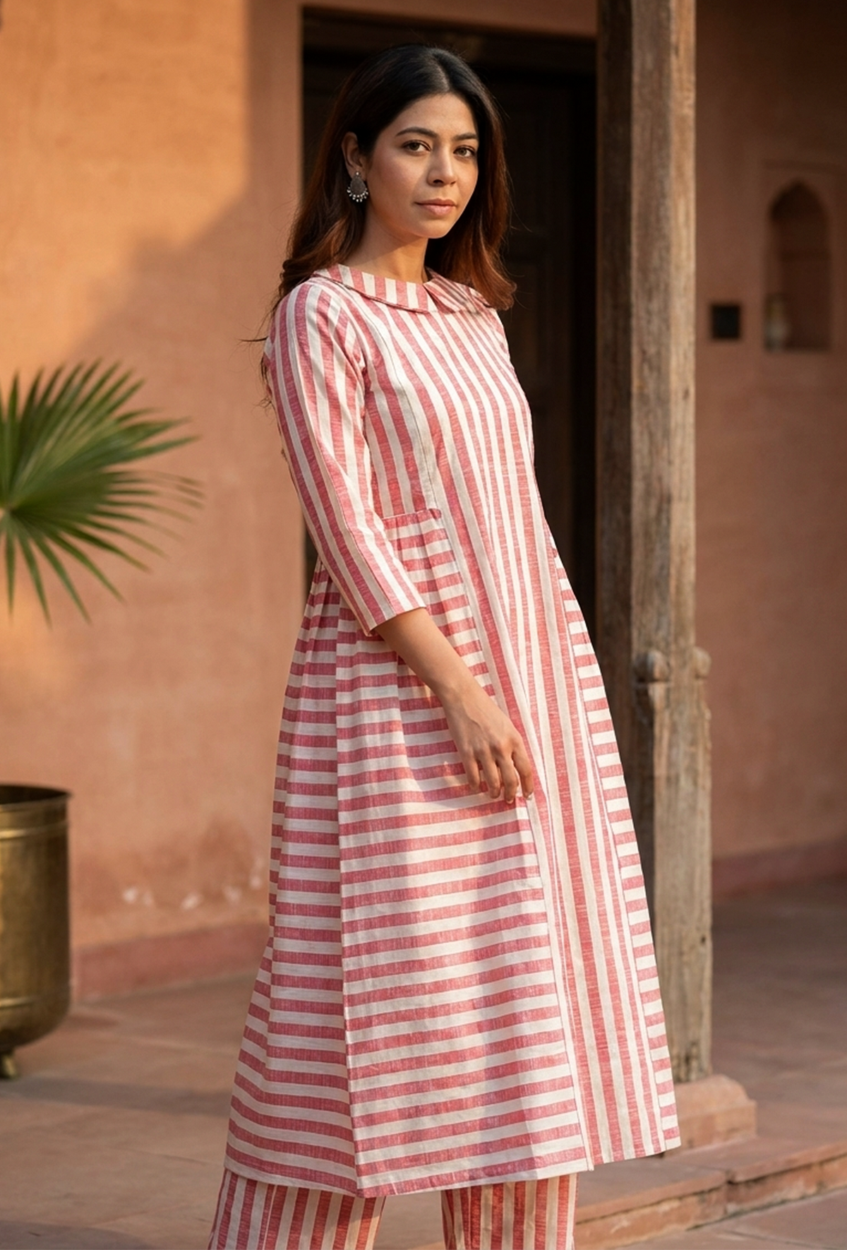 Pink & White Striped Cotton Viscose Kurta サイズ S
